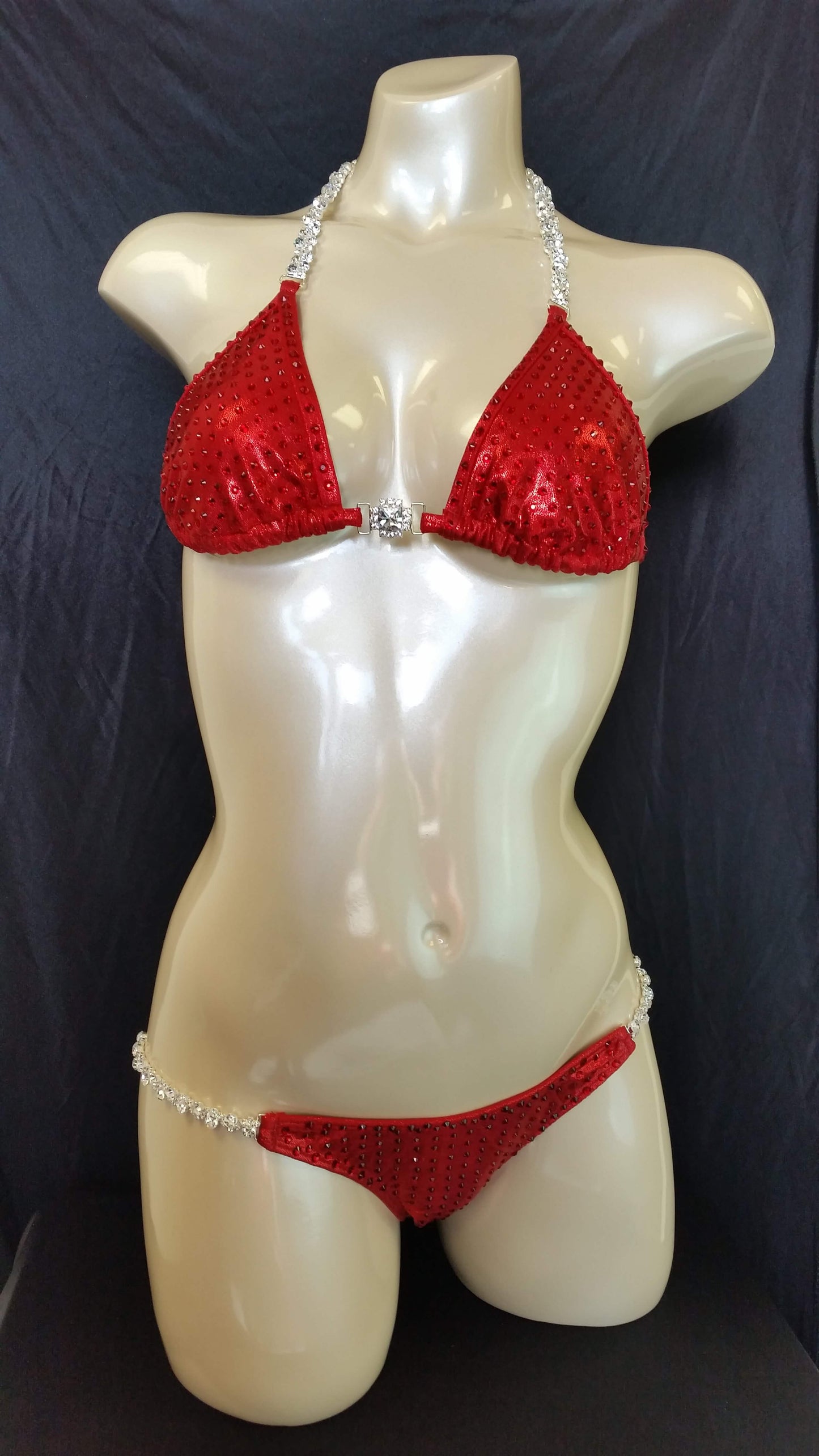 Red bikini with ruby colored rhinestones in a linear pattern design