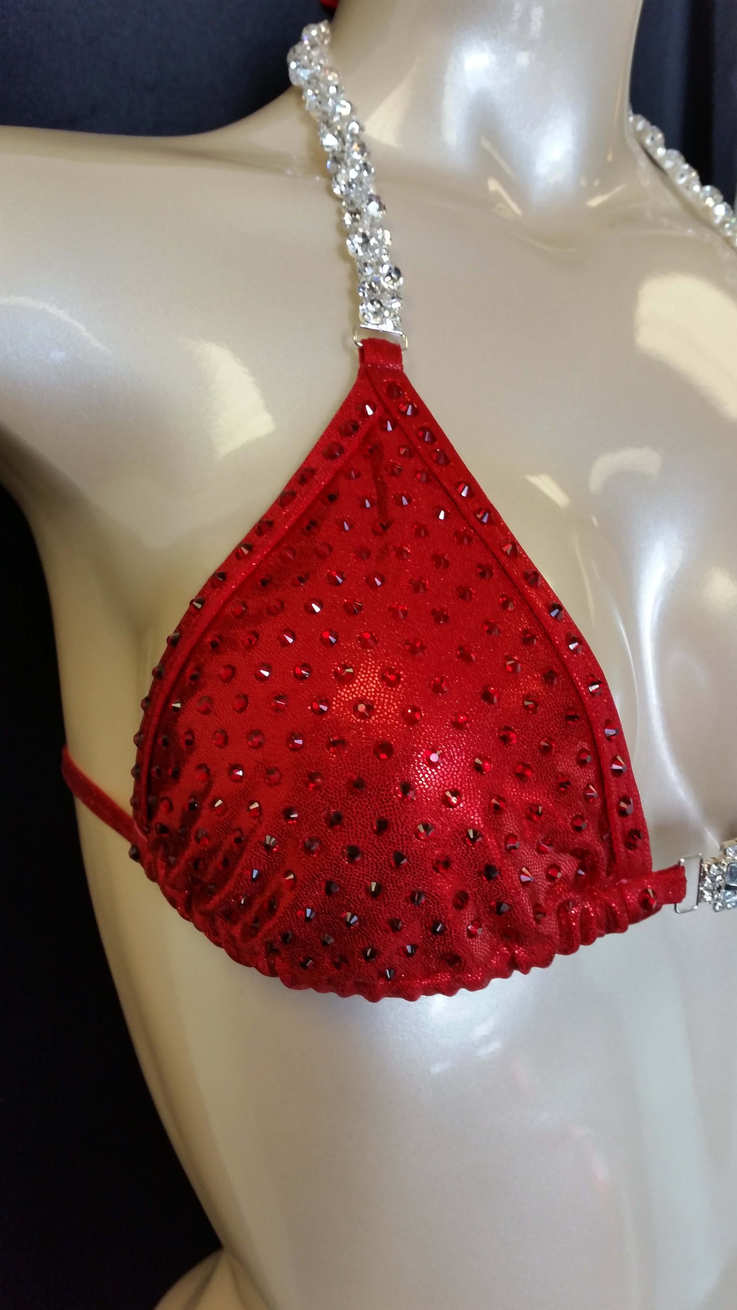 Red bikini with ruby colored rhinestones in a linear pattern design