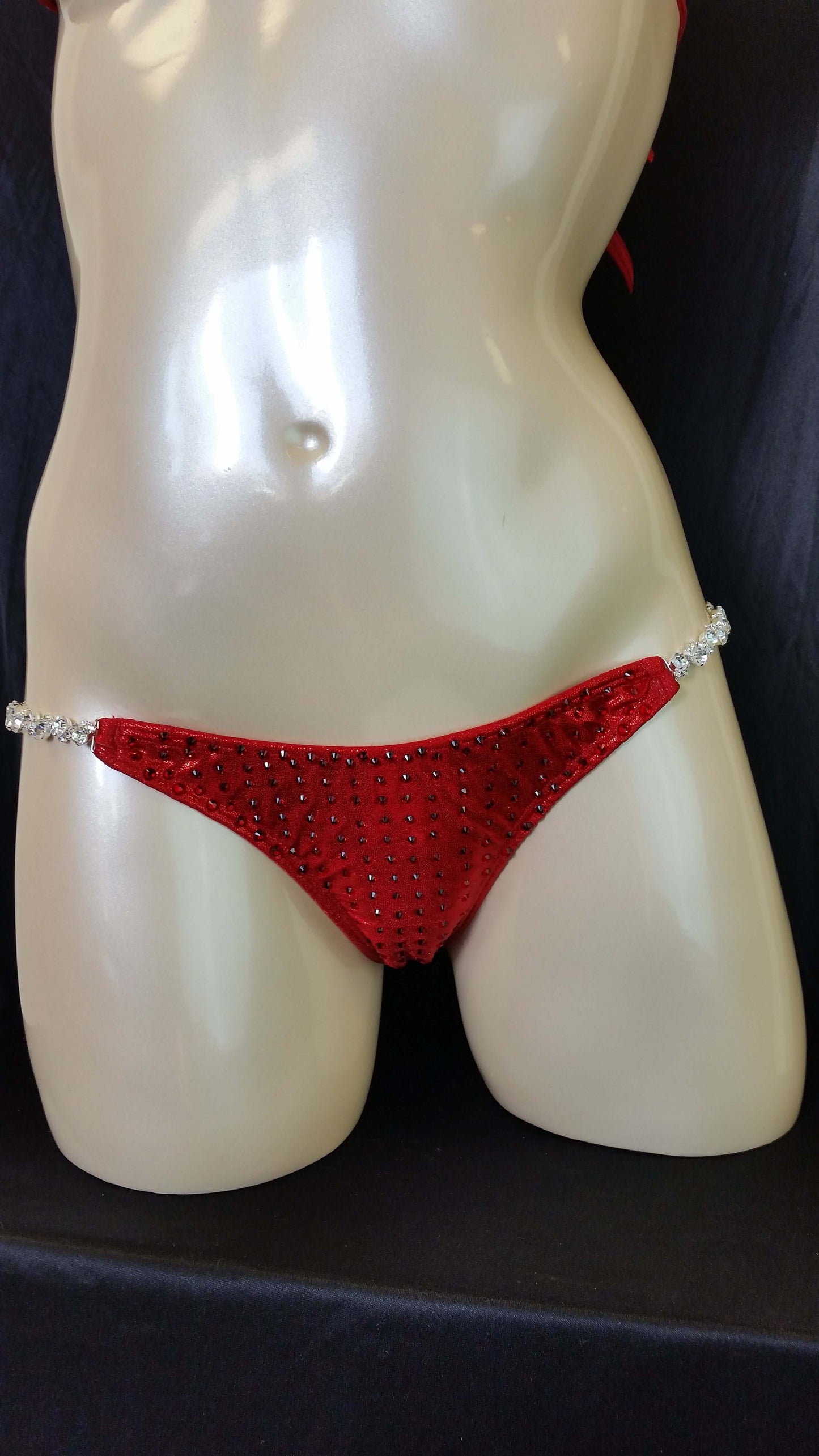 Red bikini with ruby colored rhinestones in a linear pattern design