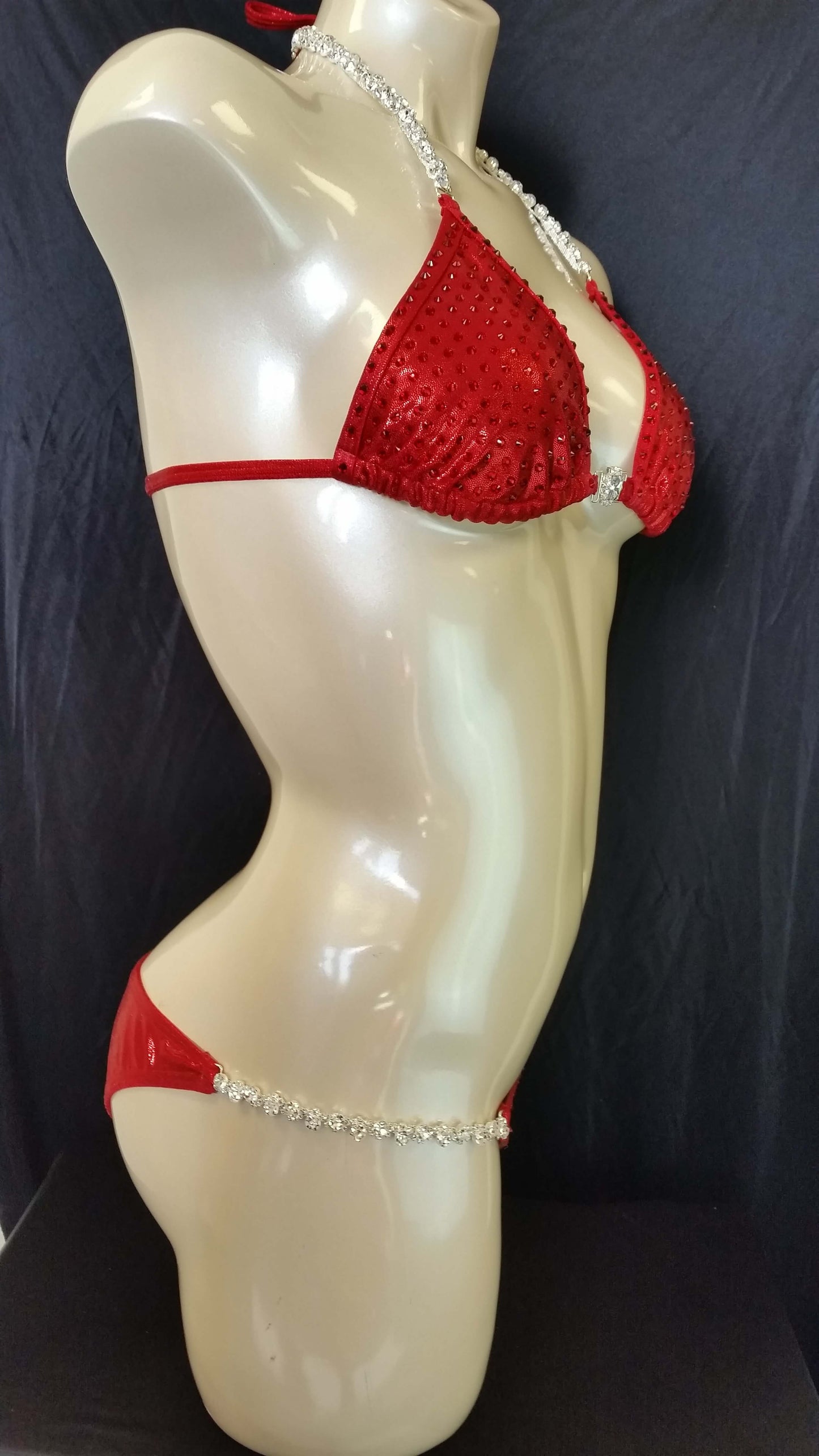 Red bikini with ruby colored rhinestones in a linear pattern design