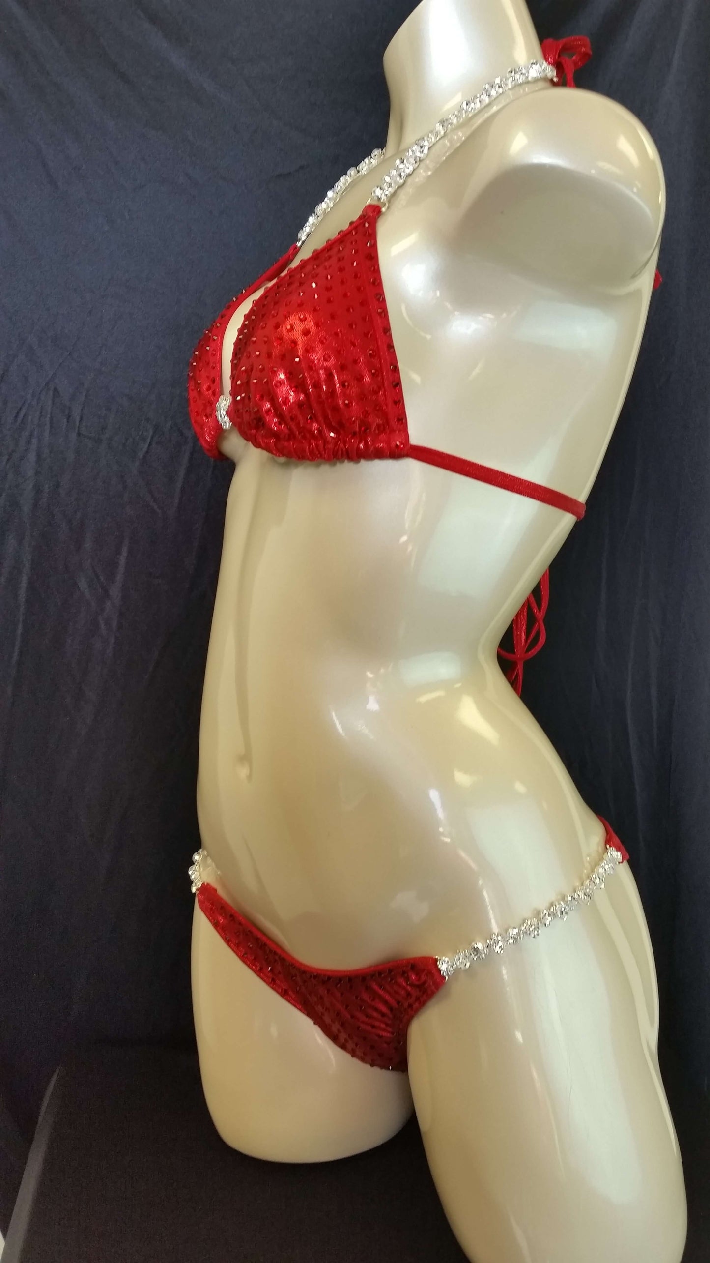 Red bikini with ruby colored rhinestones in a linear pattern design