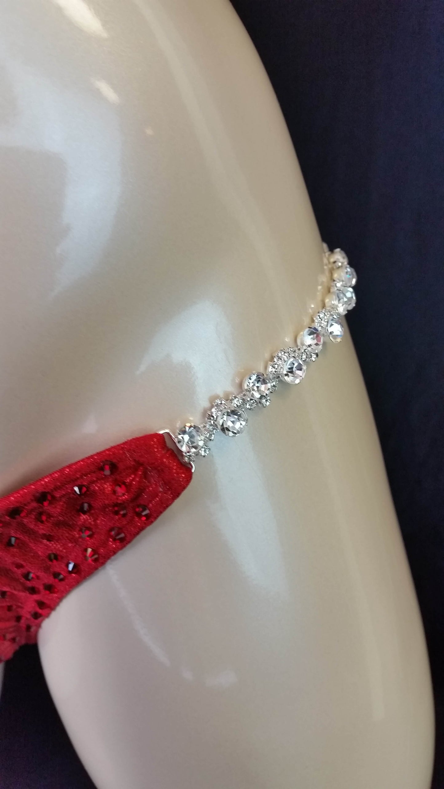 Red bikini with ruby colored rhinestones in a linear pattern design