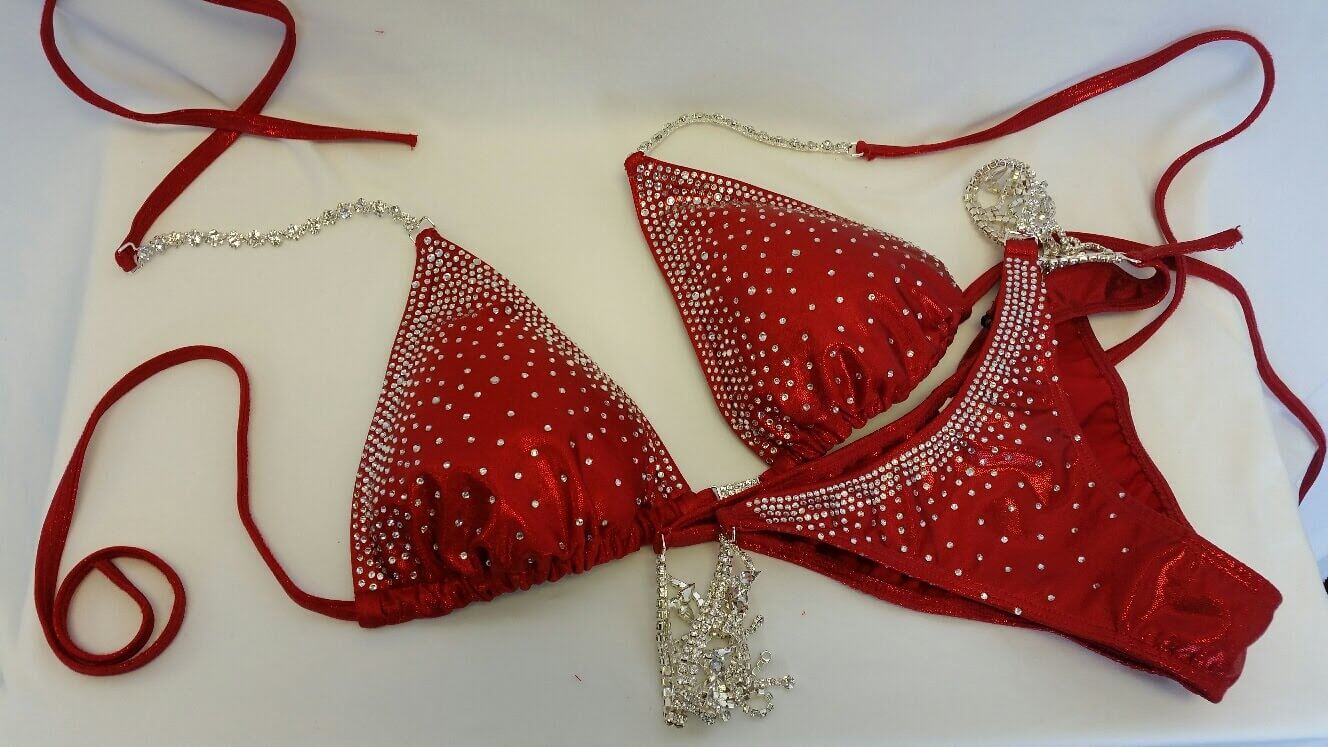 Red bikini with crystal rhinestones in a double sided cascade pattern design