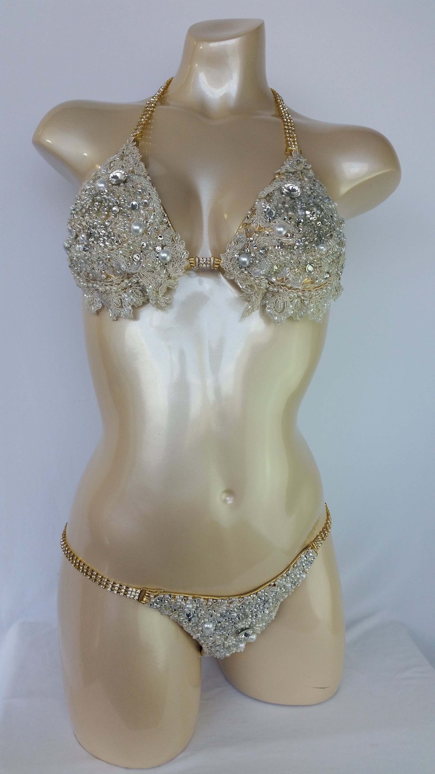 Gold bikini with wedding wateredlace fully encrusted with Crystal