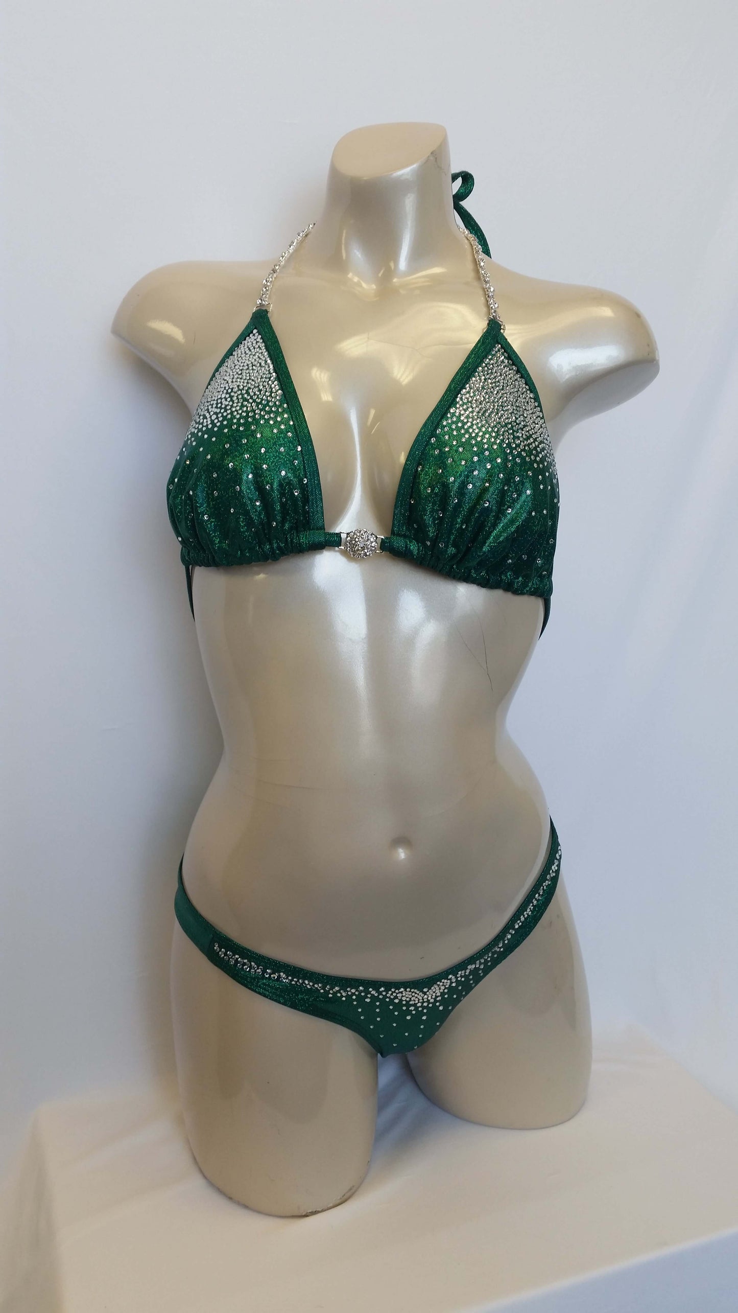 Emerald green bikini XL top cascading Crystal rhinestone design posing bikini