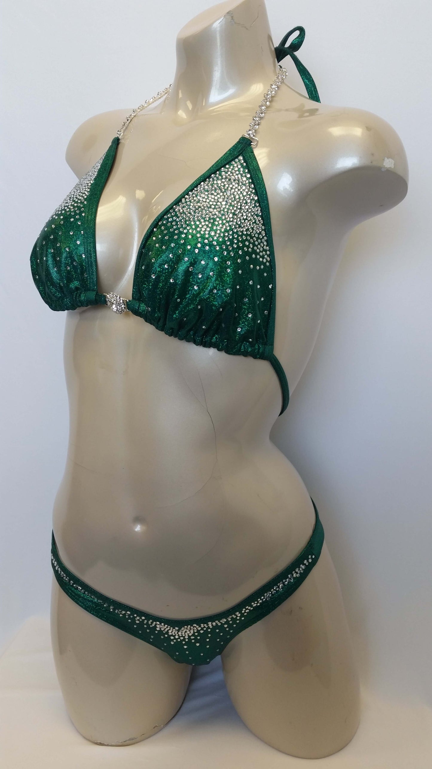 Emerald green bikini XL top cascading Crystal rhinestone design posing bikini