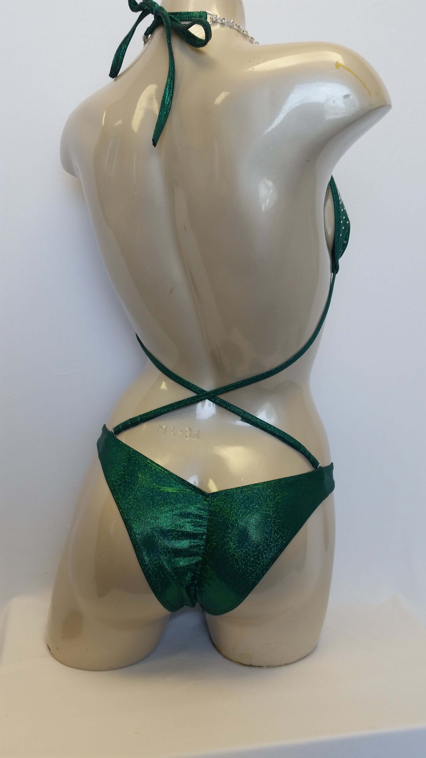 Emerald green bikini XL top cascading Crystal rhinestone design posing bikini