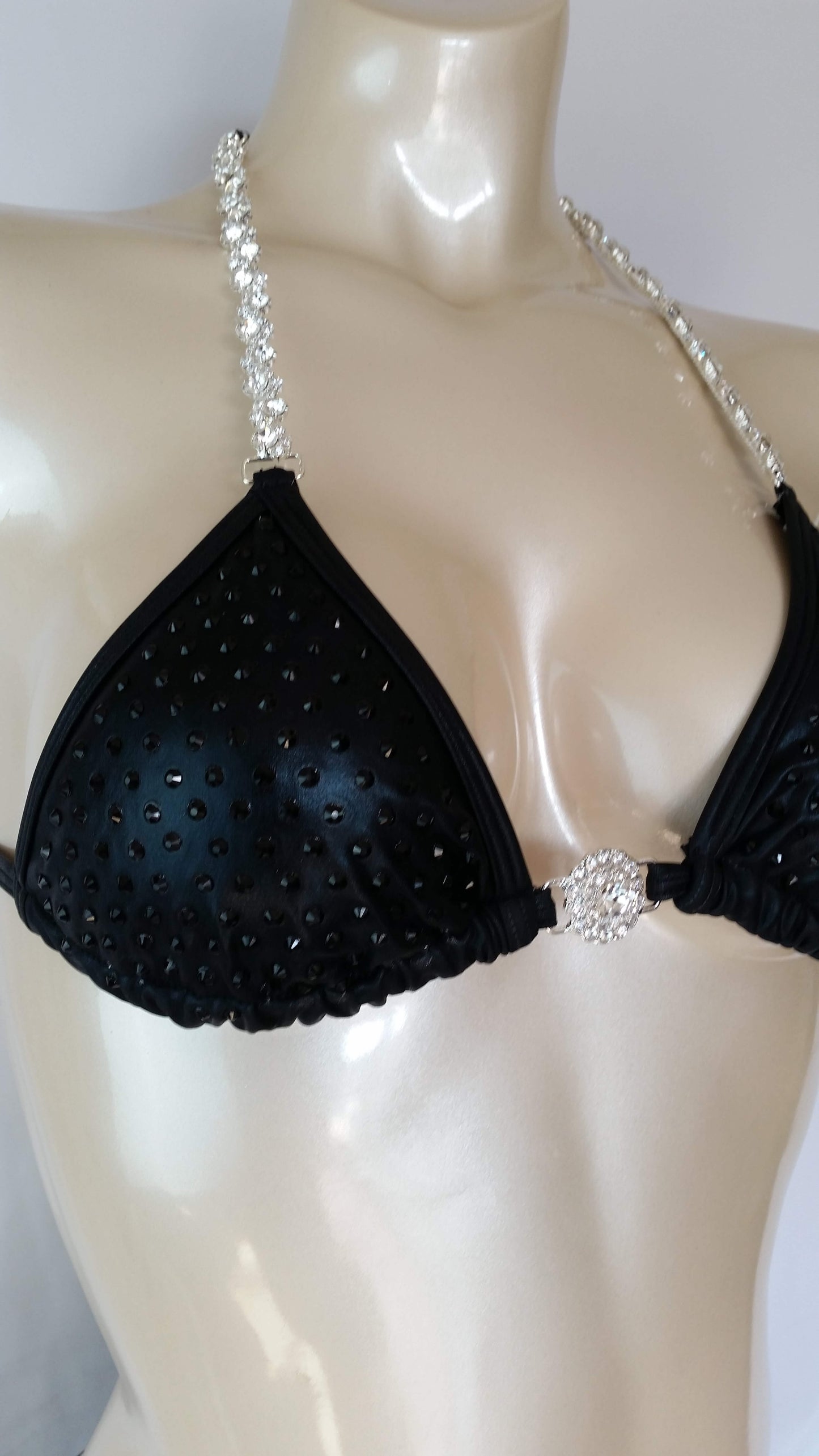 Black leather bikini with black rhinestone in a linear pattern design