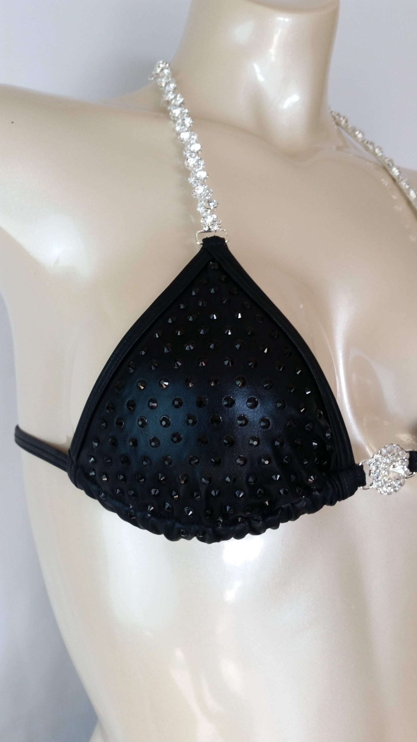 Black leather bikini with black rhinestone in a linear pattern design