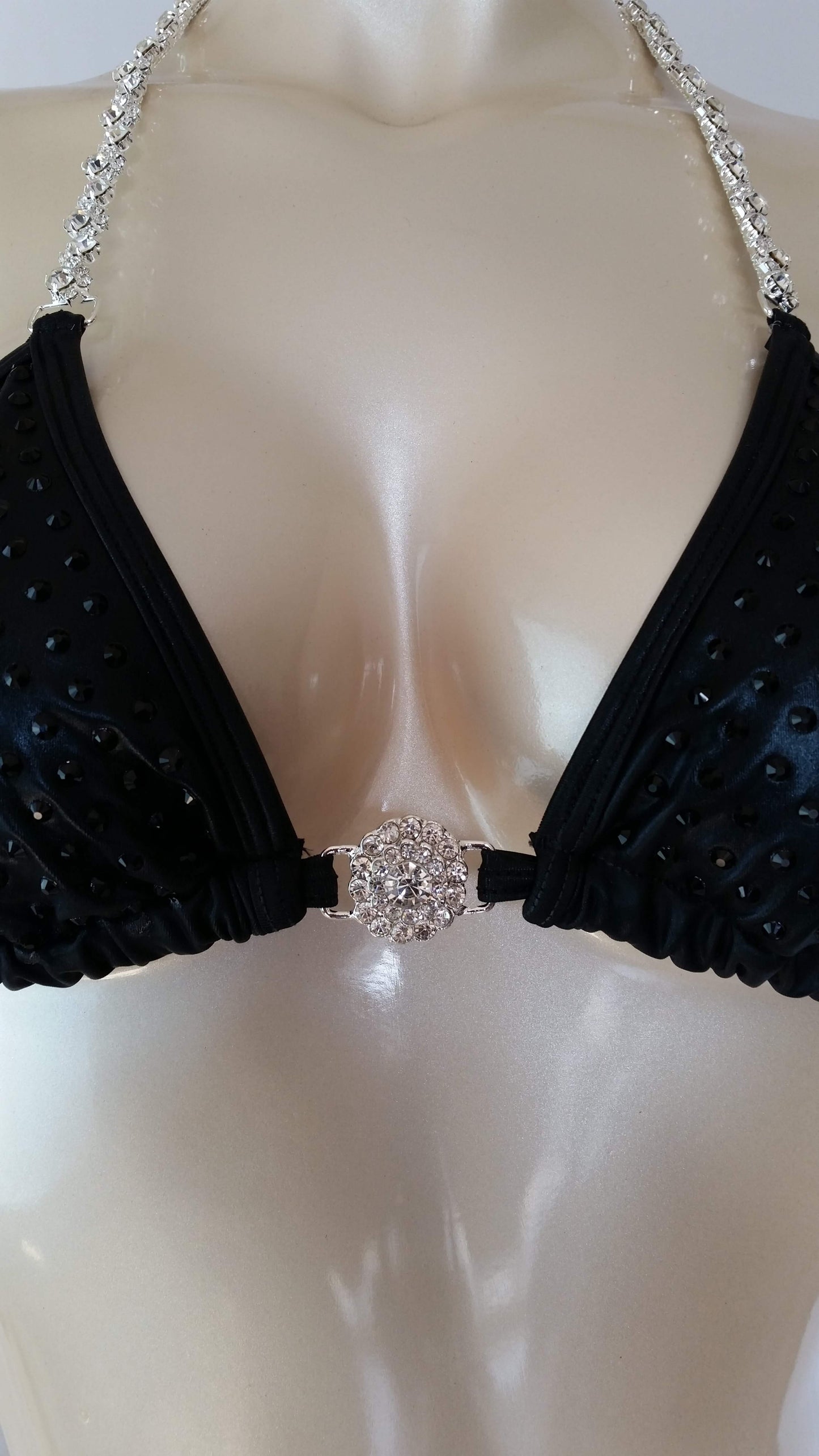 Black leather bikini with black rhinestone in a linear pattern design