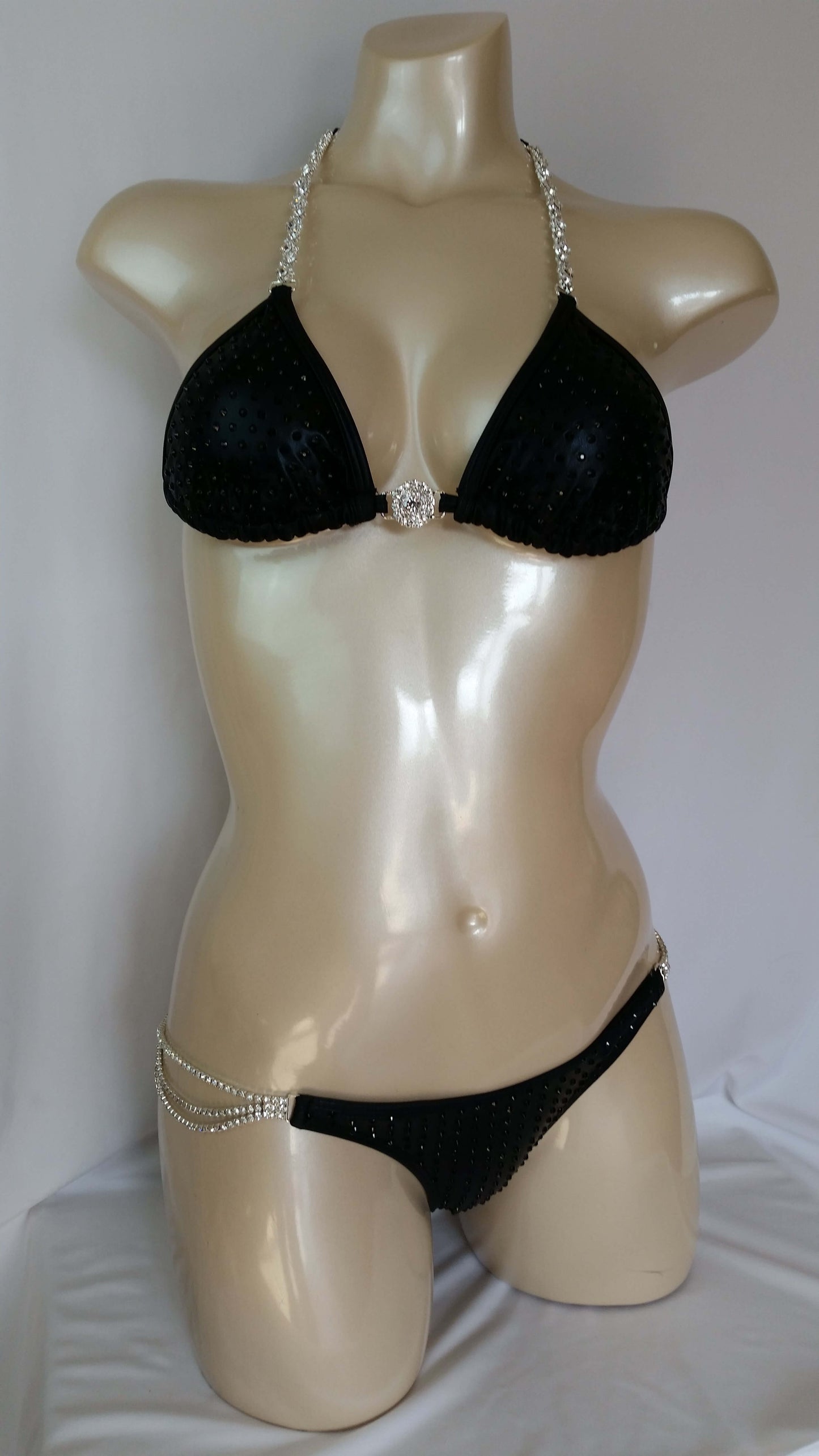 Black leather bikini with black rhinestone in a linear pattern design