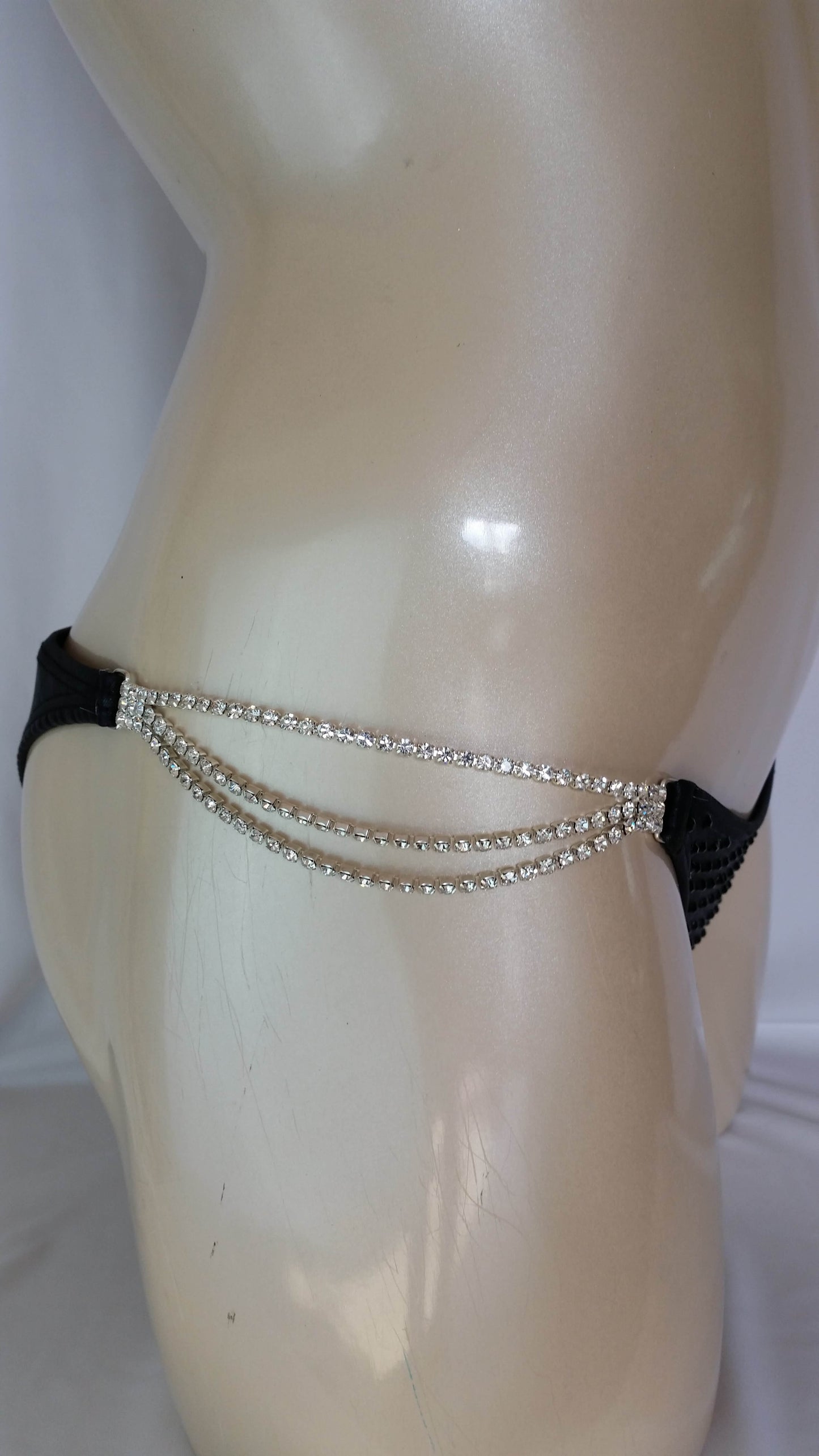 Black leather bikini with black rhinestone in a linear pattern design