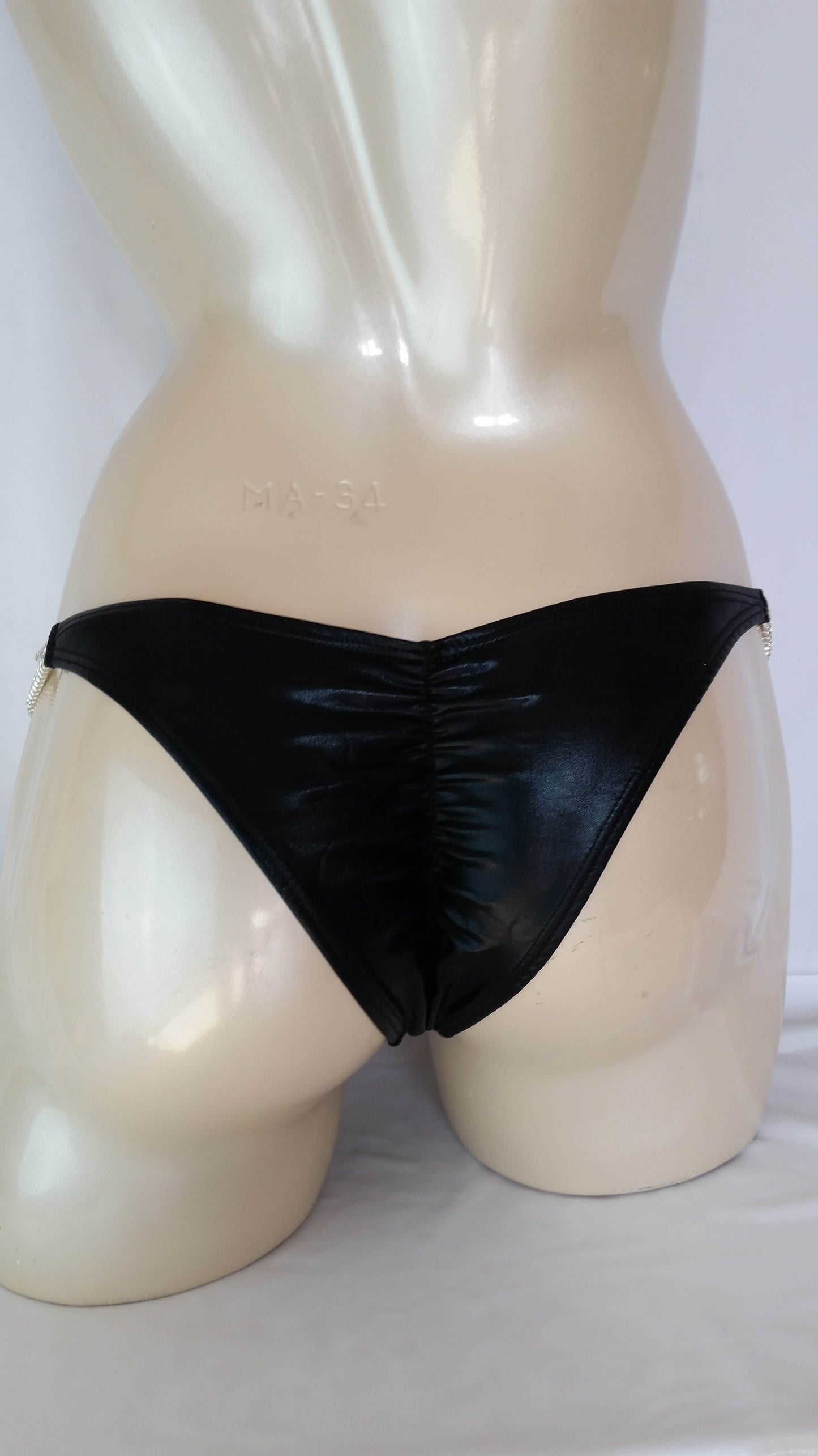 Black leather bikini with black rhinestone in a linear pattern design