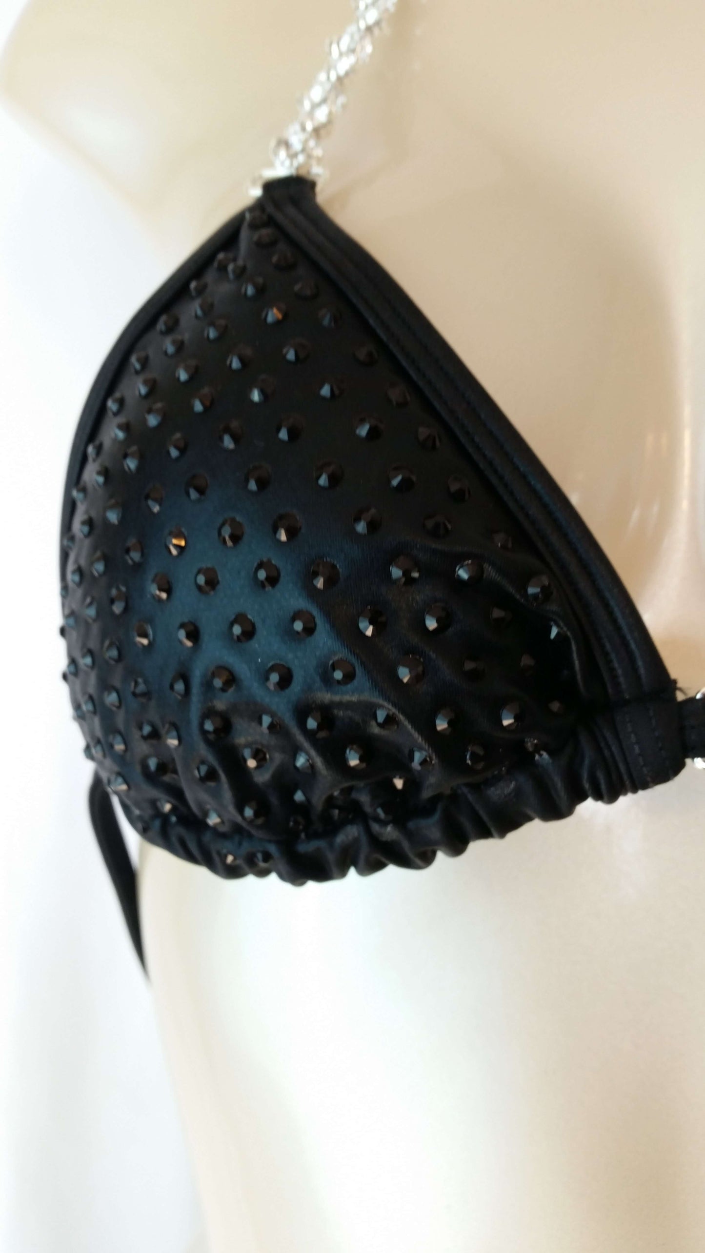 Black leather bikini with black rhinestone in a linear pattern design
