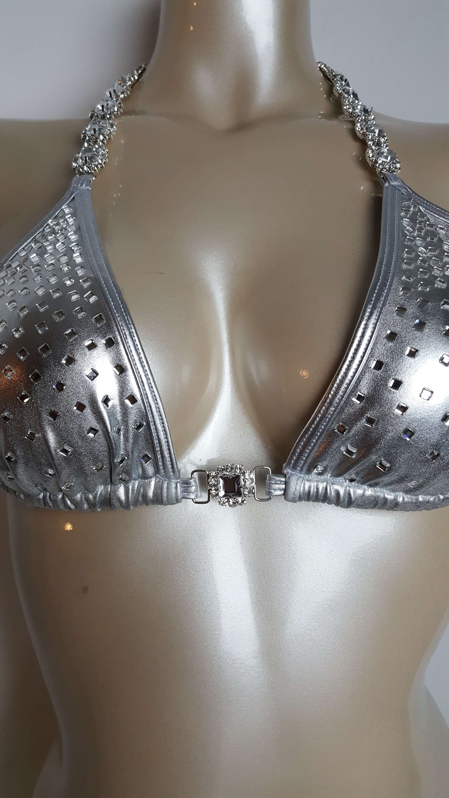 Silver bikini with cascading diamond mirror rhinestones.
