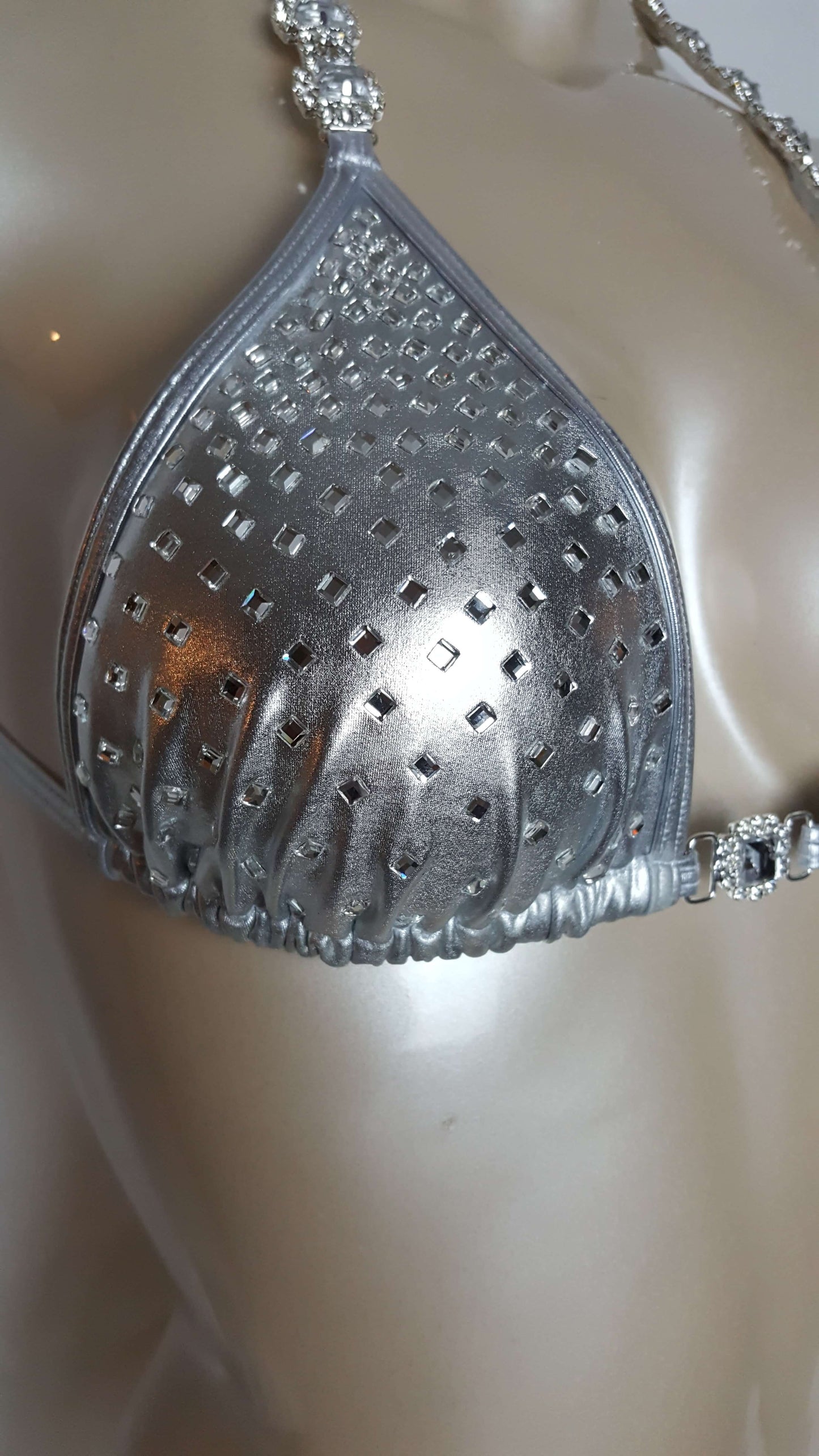 Silver bikini with cascading diamond mirror rhinestones.