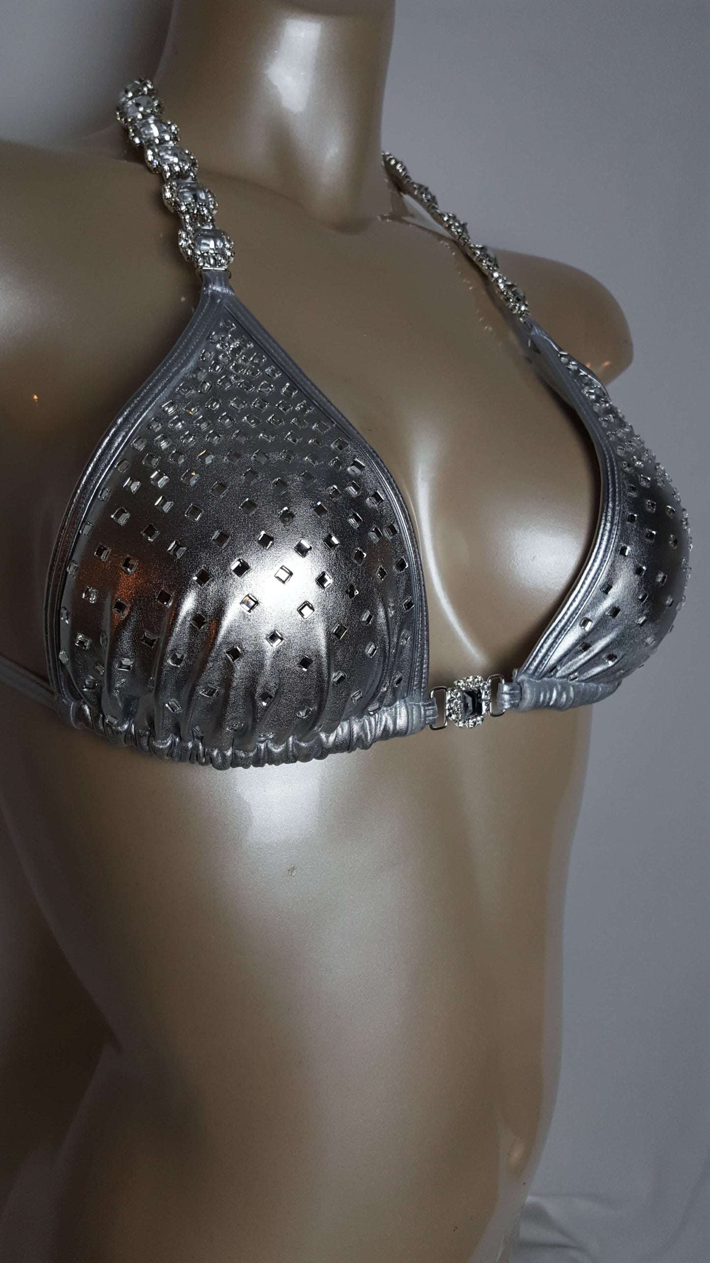 Silver bikini with cascading diamond mirror rhinestones.