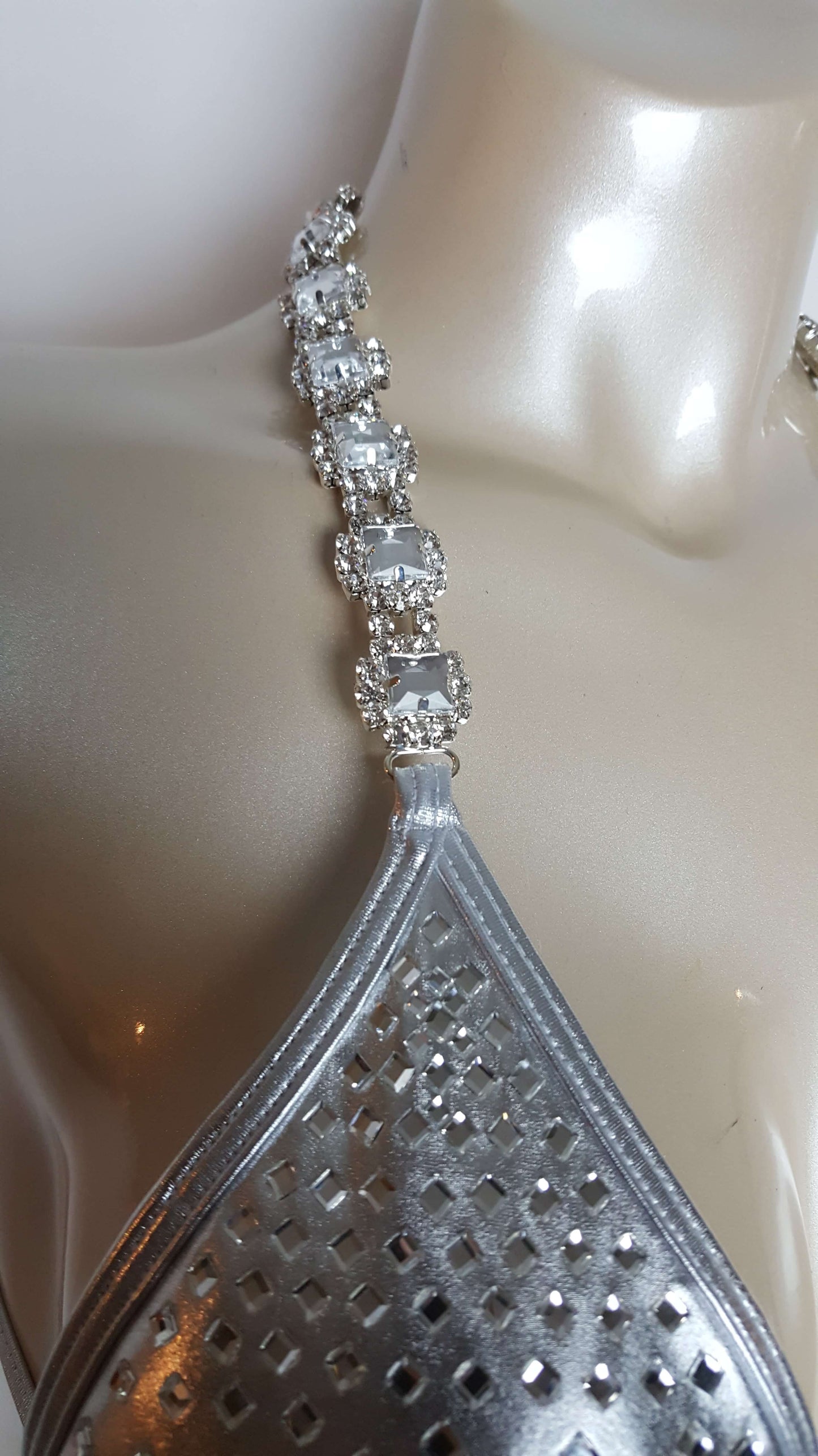 Silver bikini with cascading diamond mirror rhinestones.