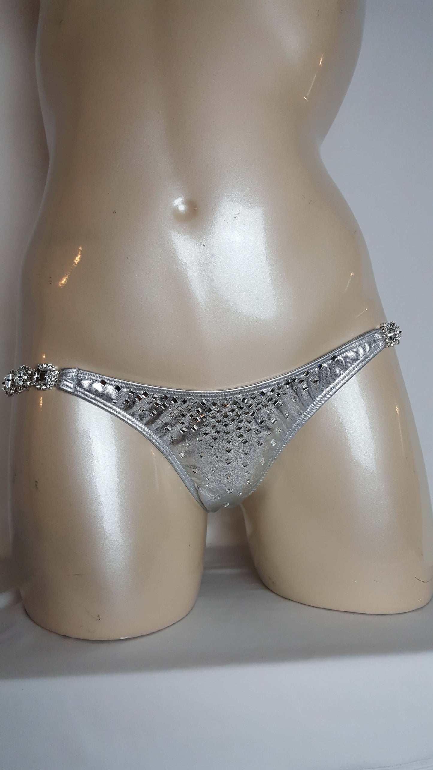 Silver bikini with cascading diamond mirror rhinestones.