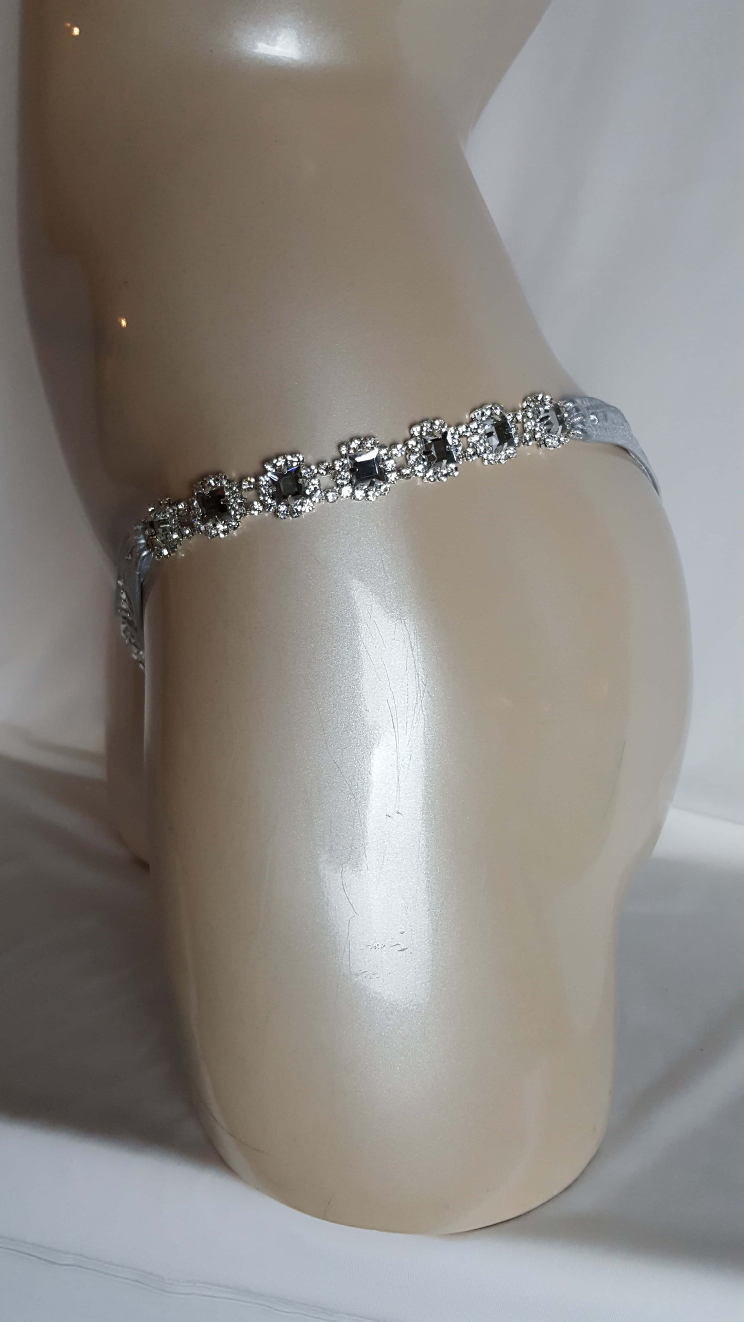 Silver bikini with cascading diamond mirror rhinestones.
