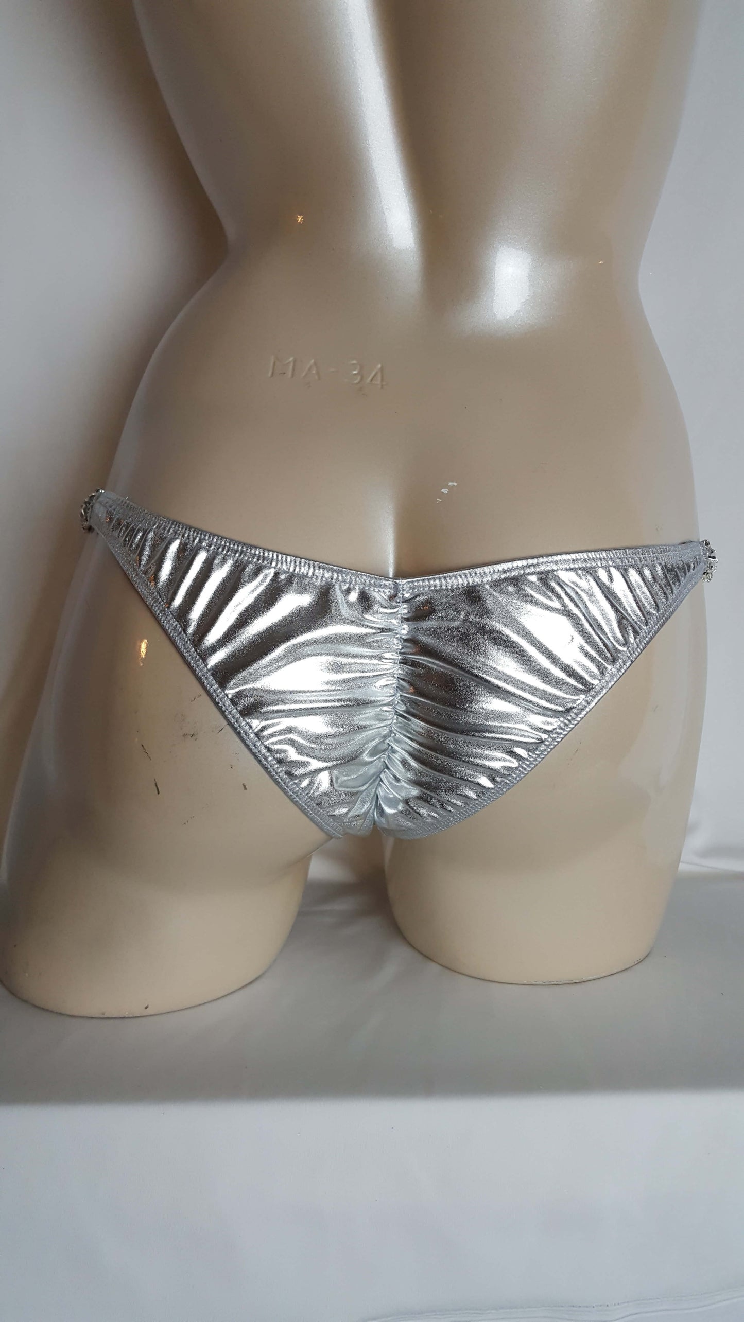 Silver bikini with cascading diamond mirror rhinestones.