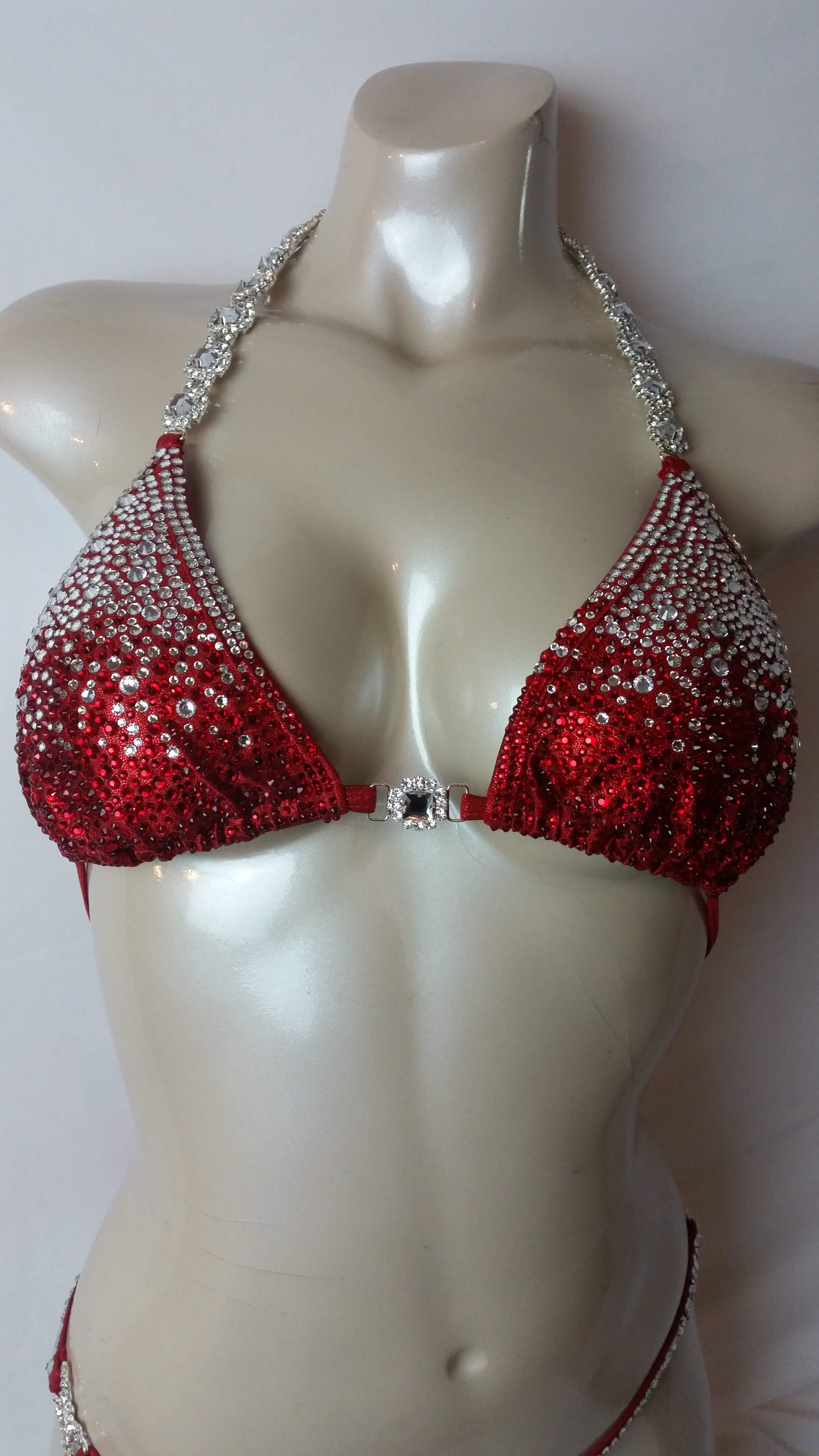 Crimson red bikini with multi sized crystal and ruby rhinestone design rhinestones.