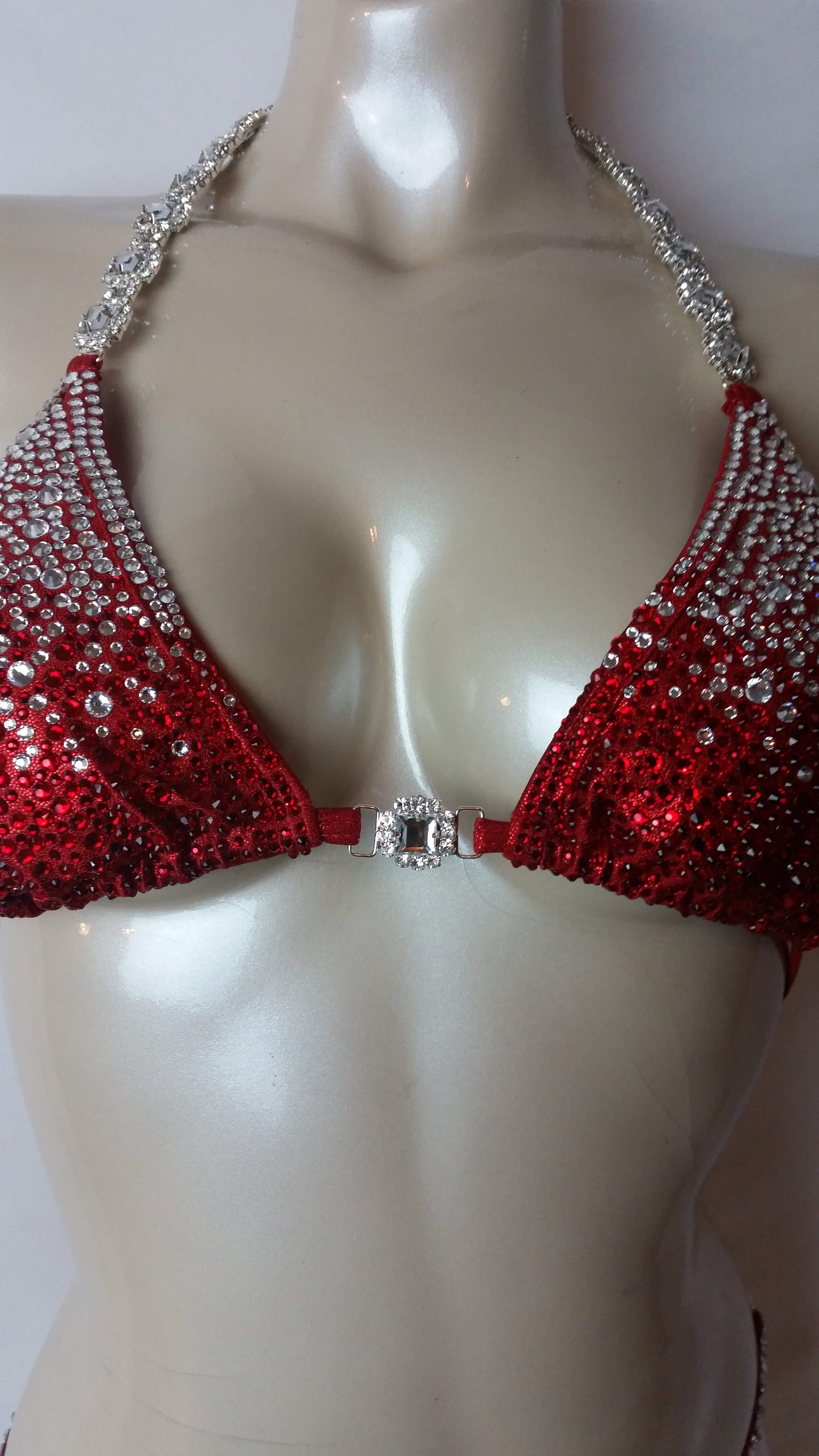 Crimson red bikini with multi sized crystal and ruby rhinestone design rhinestones.