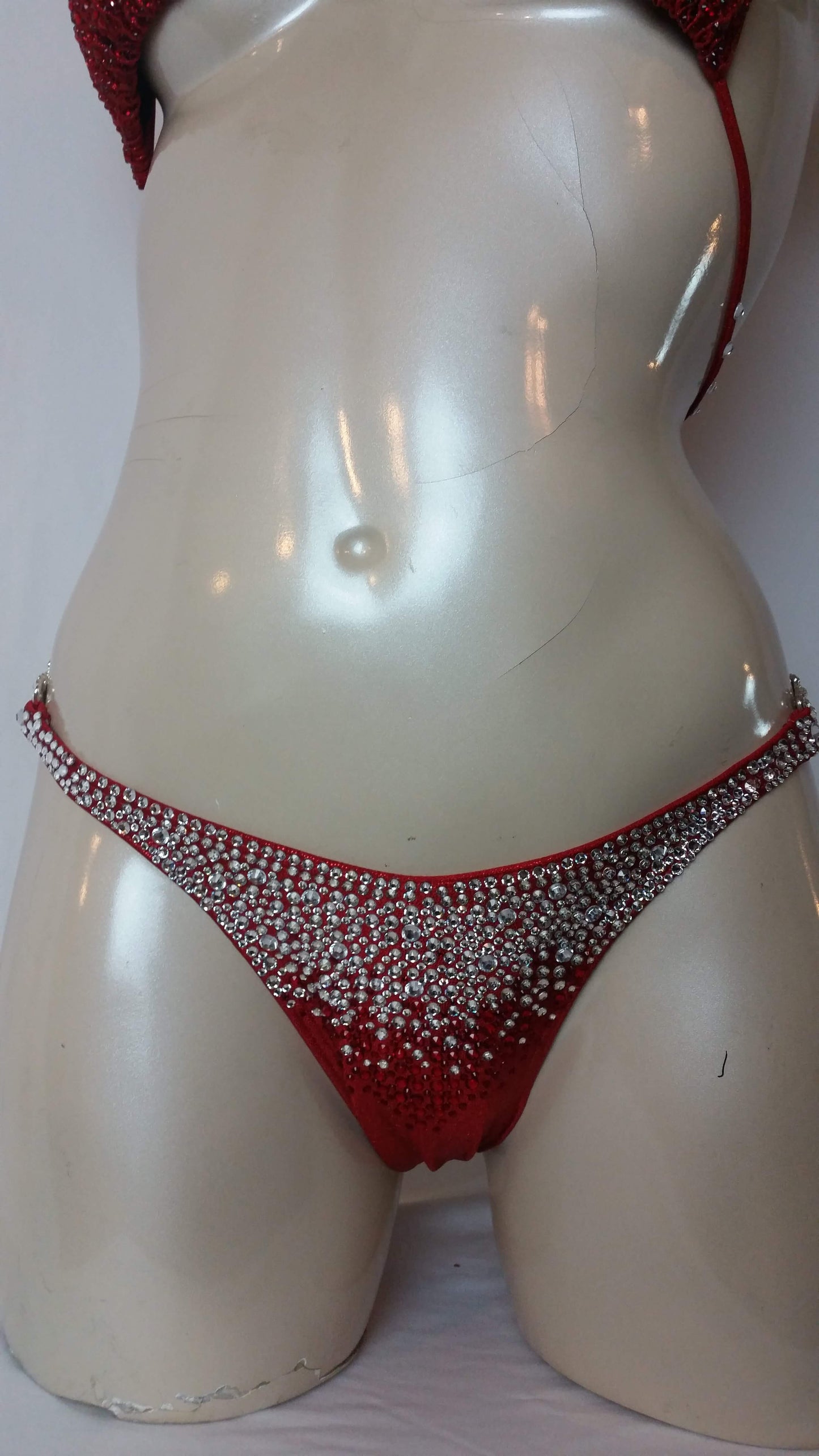 Crimson red bikini with multi sized crystal and ruby rhinestone design rhinestones.