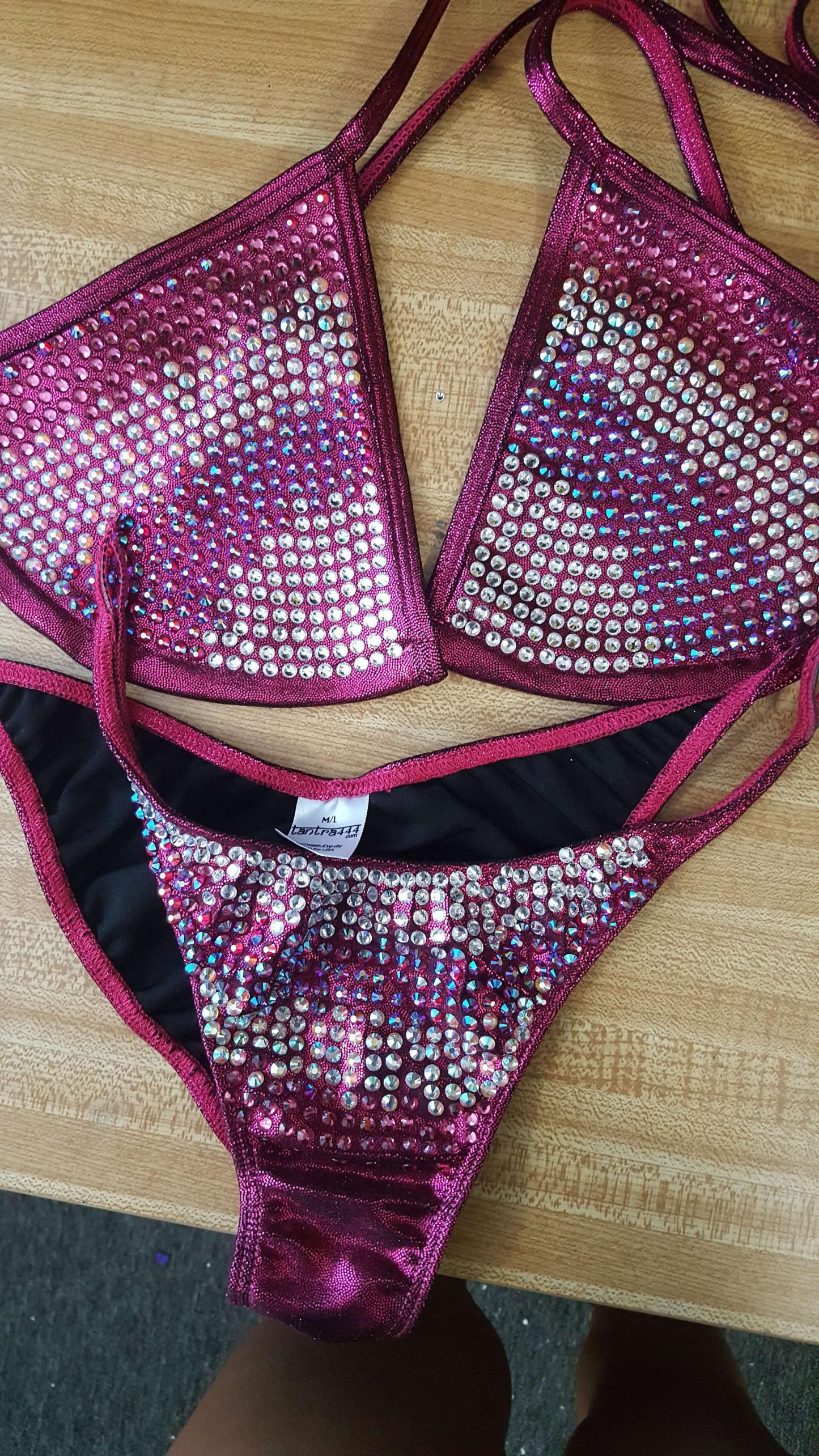 Maroon bikini with AB crystal and AB ruby blend rhinestone design.