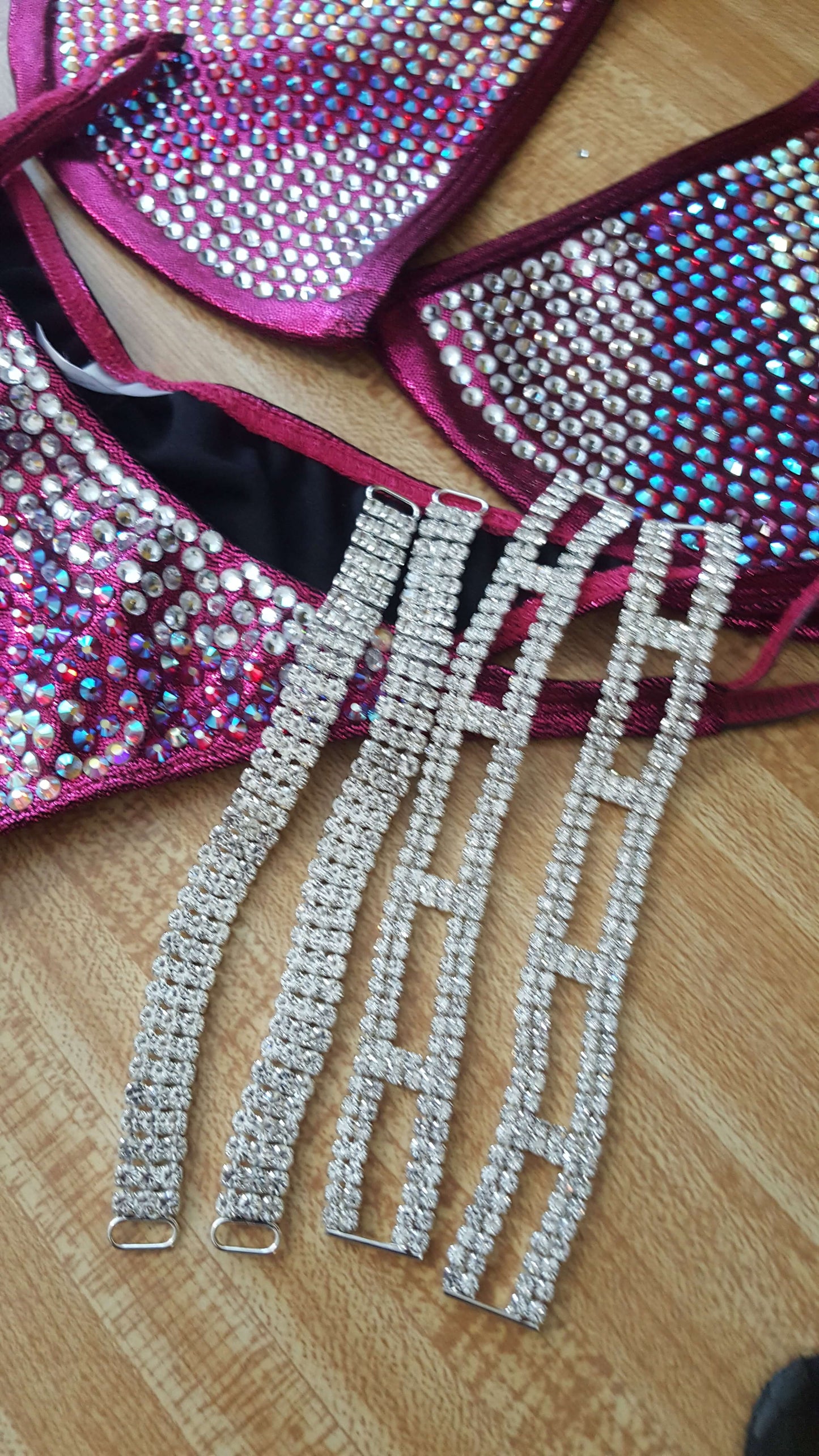Maroon bikini with AB crystal and AB ruby blend rhinestone design.
