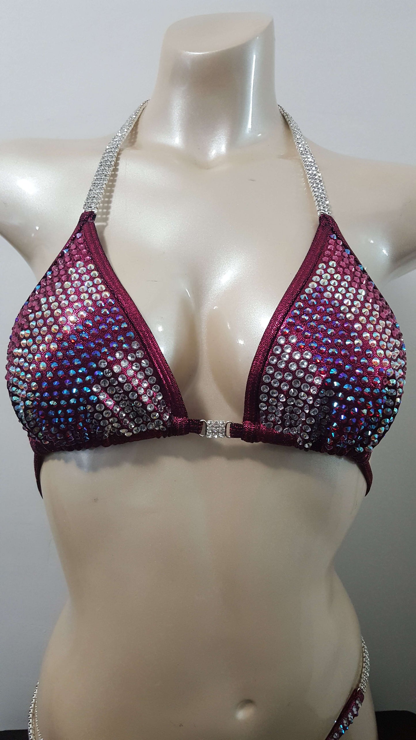 Maroon bikini with AB crystal and AB ruby blend rhinestone design.