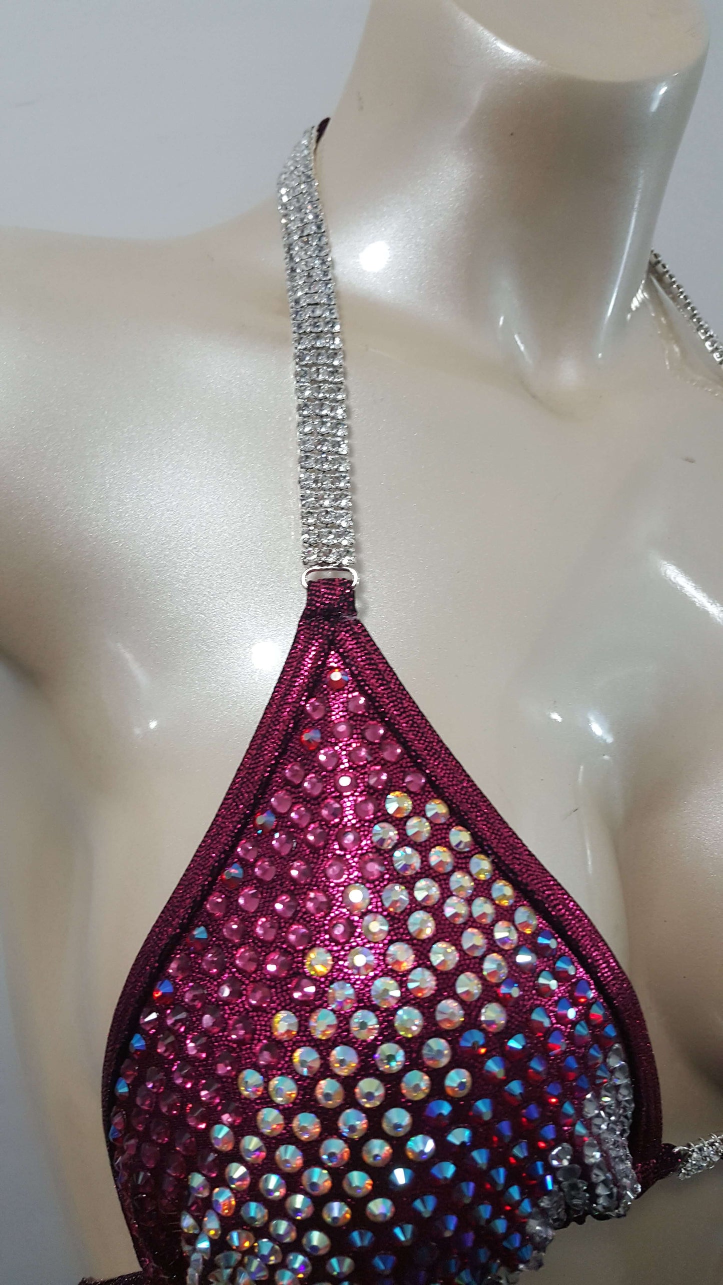 Maroon bikini with AB crystal and AB ruby blend rhinestone design.