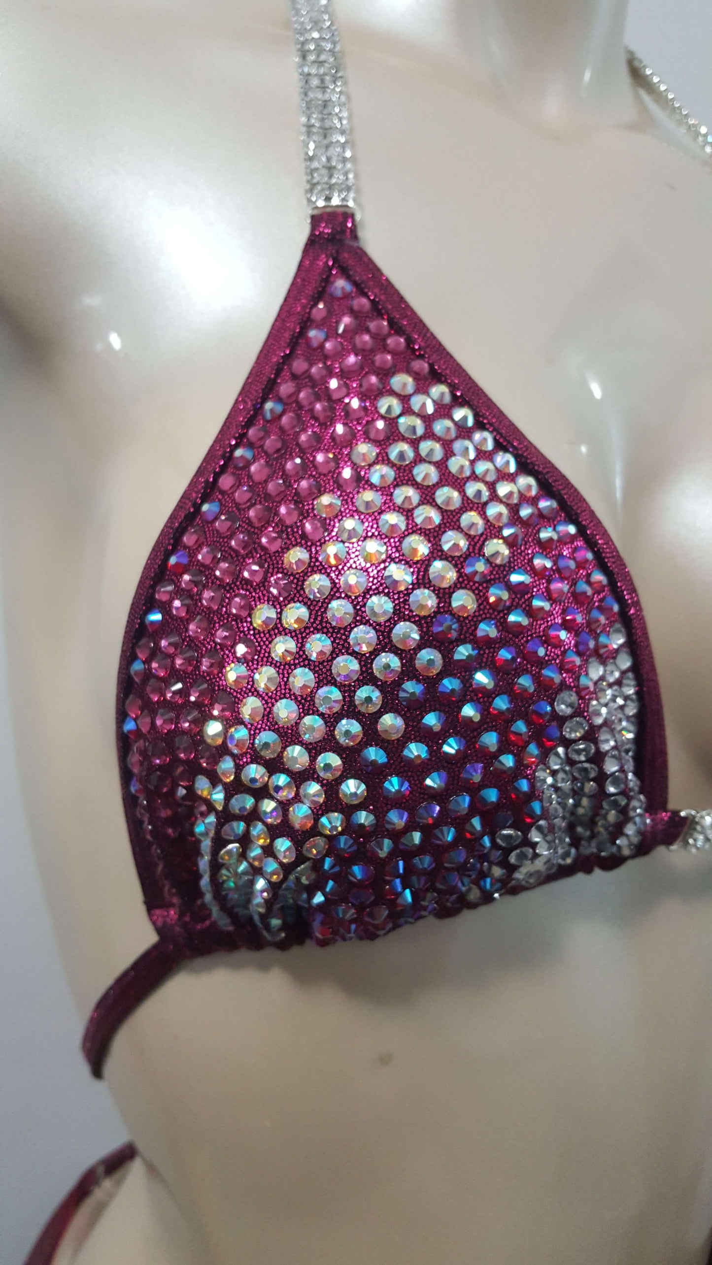 Maroon bikini with AB crystal and AB ruby blend rhinestone design.