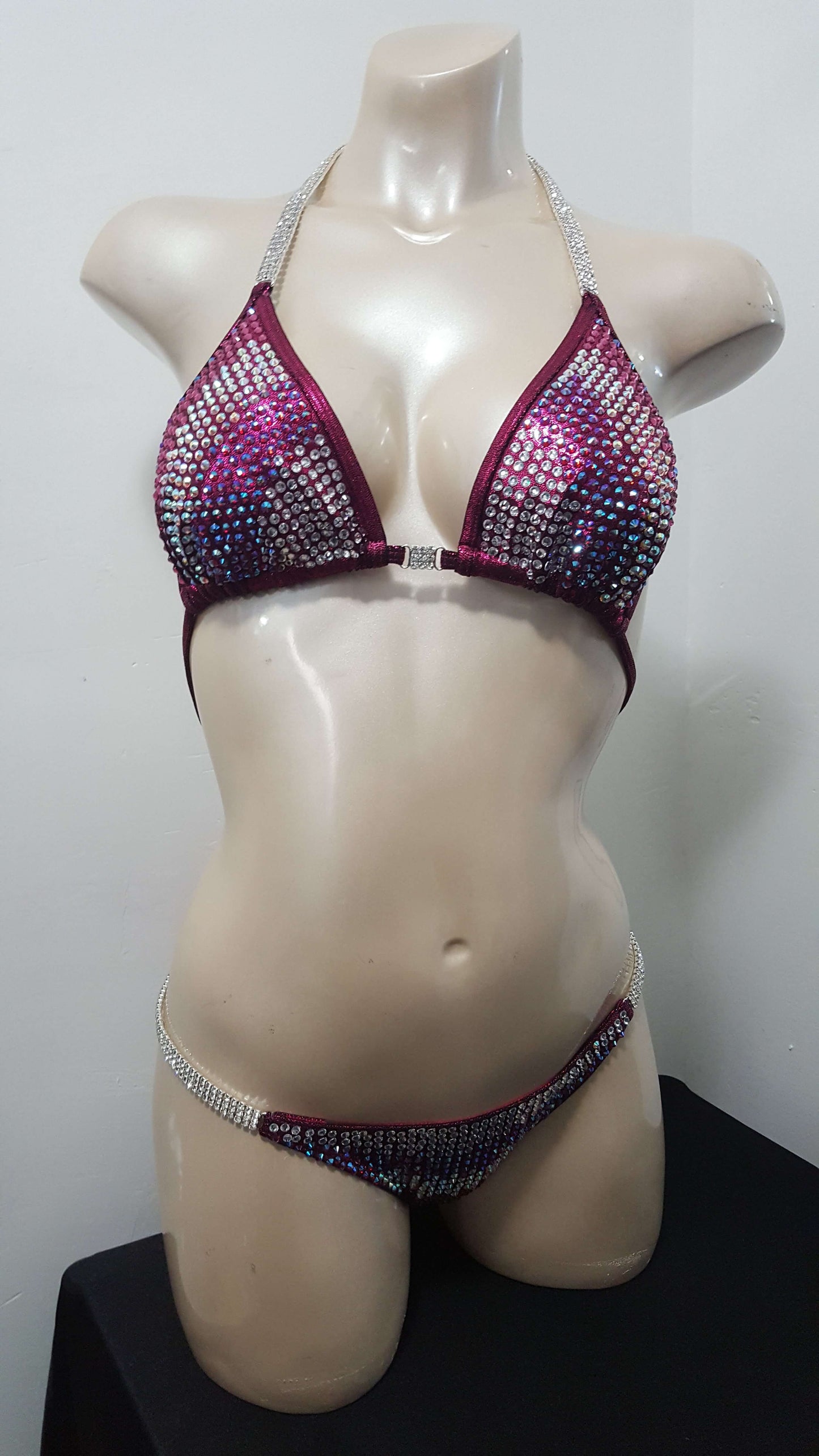 Maroon bikini with AB crystal and AB ruby blend rhinestone design.
