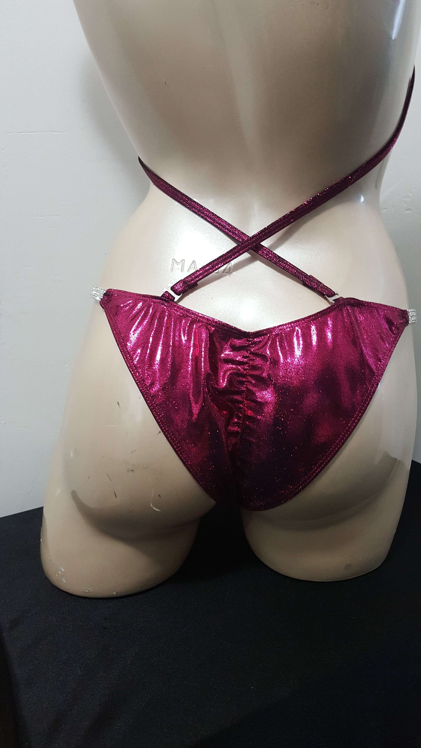 Maroon bikini with AB crystal and AB ruby blend rhinestone design.