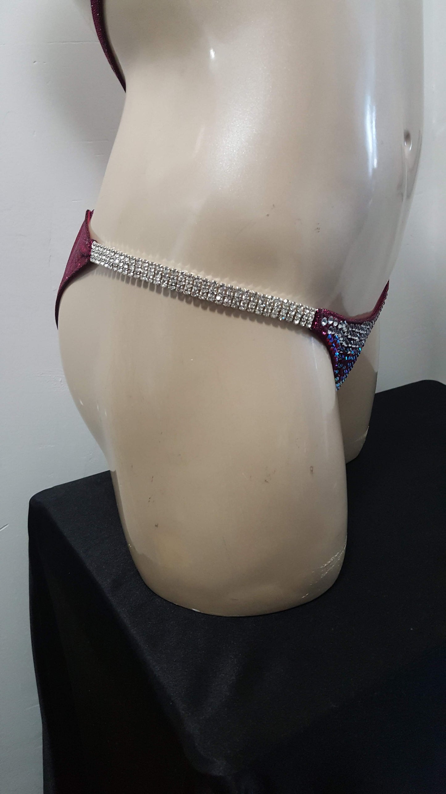 Maroon bikini with AB crystal and AB ruby blend rhinestone design.