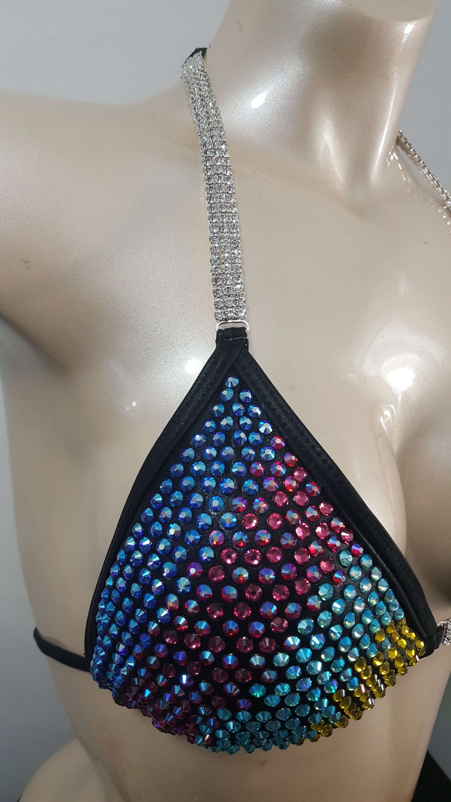 Black bikini with rainbow colored rhinestones design.