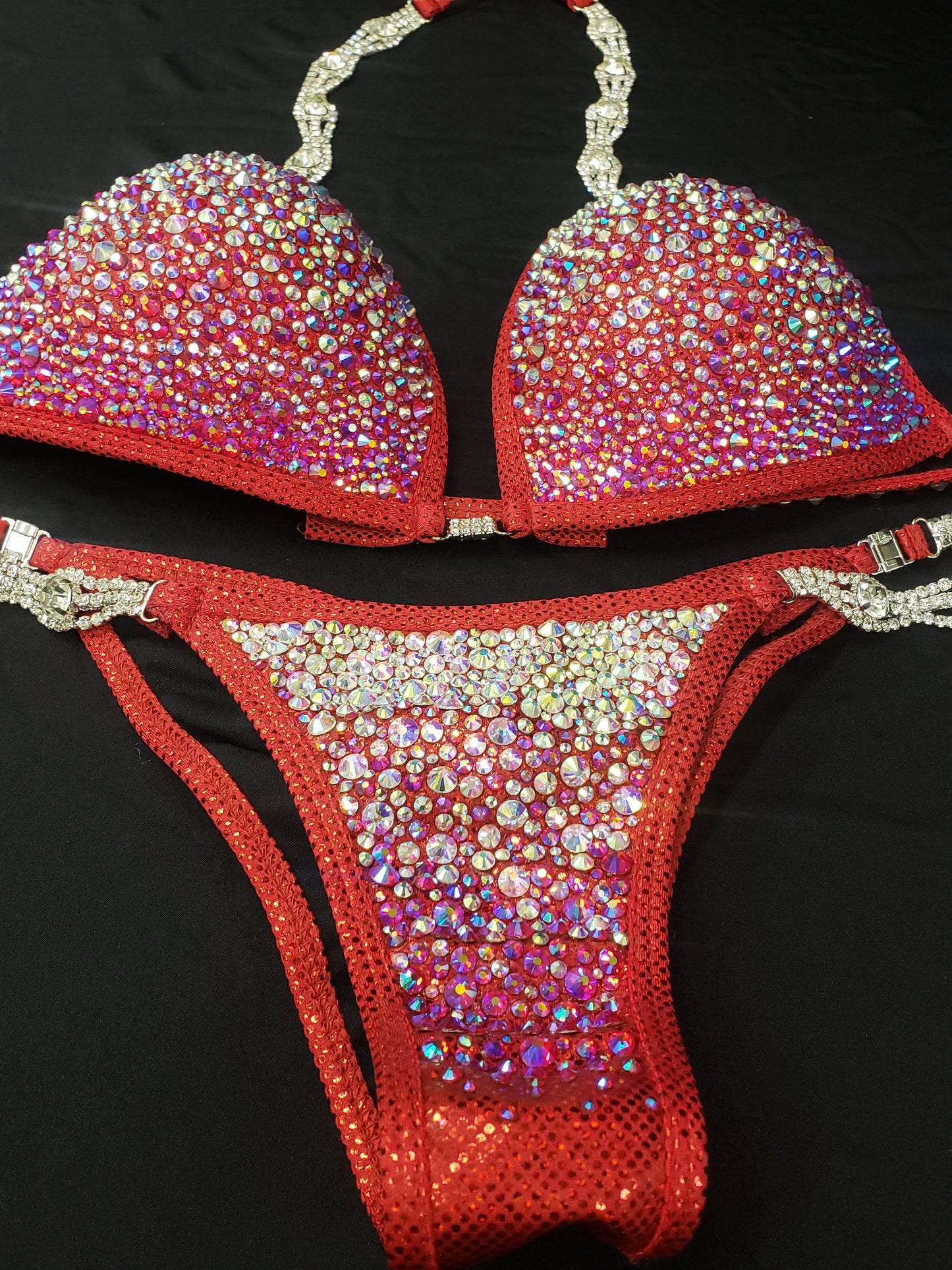 Red bikini with AB rhinestones in a fully encrusted ombre design