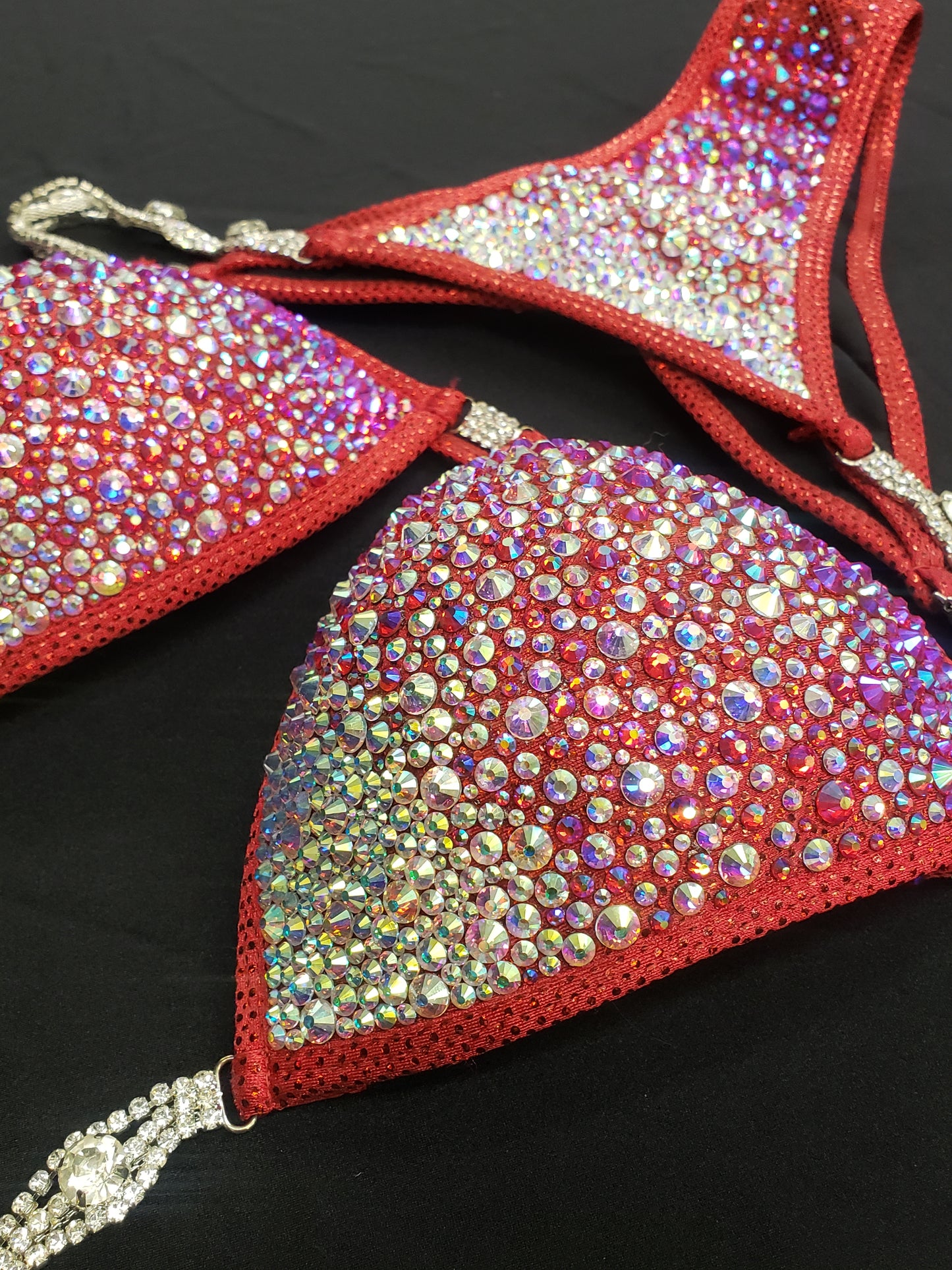 Red bikini with AB rhinestones in a fully encrusted ombre design