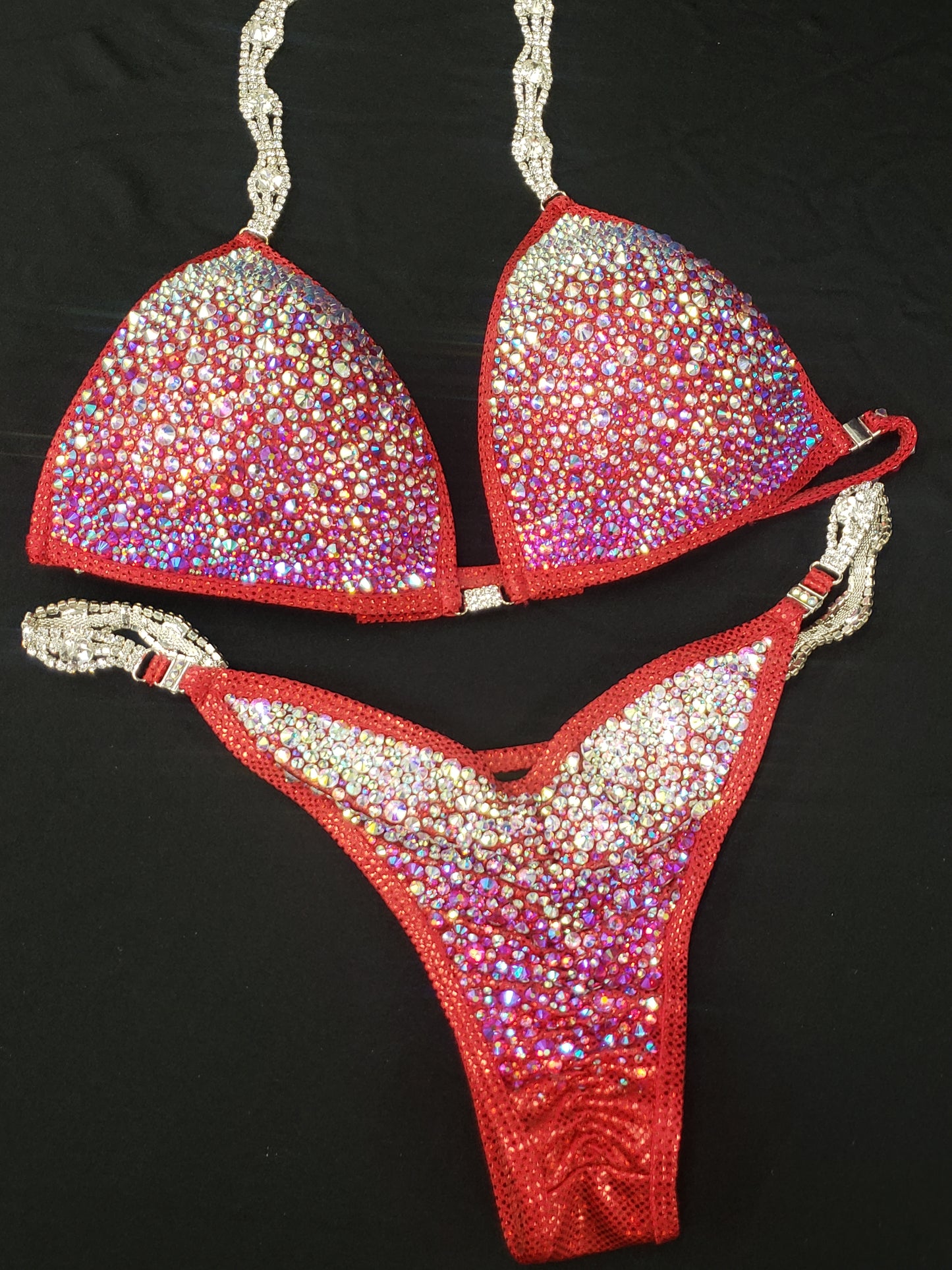 Red bikini with AB rhinestones in a fully encrusted ombre design