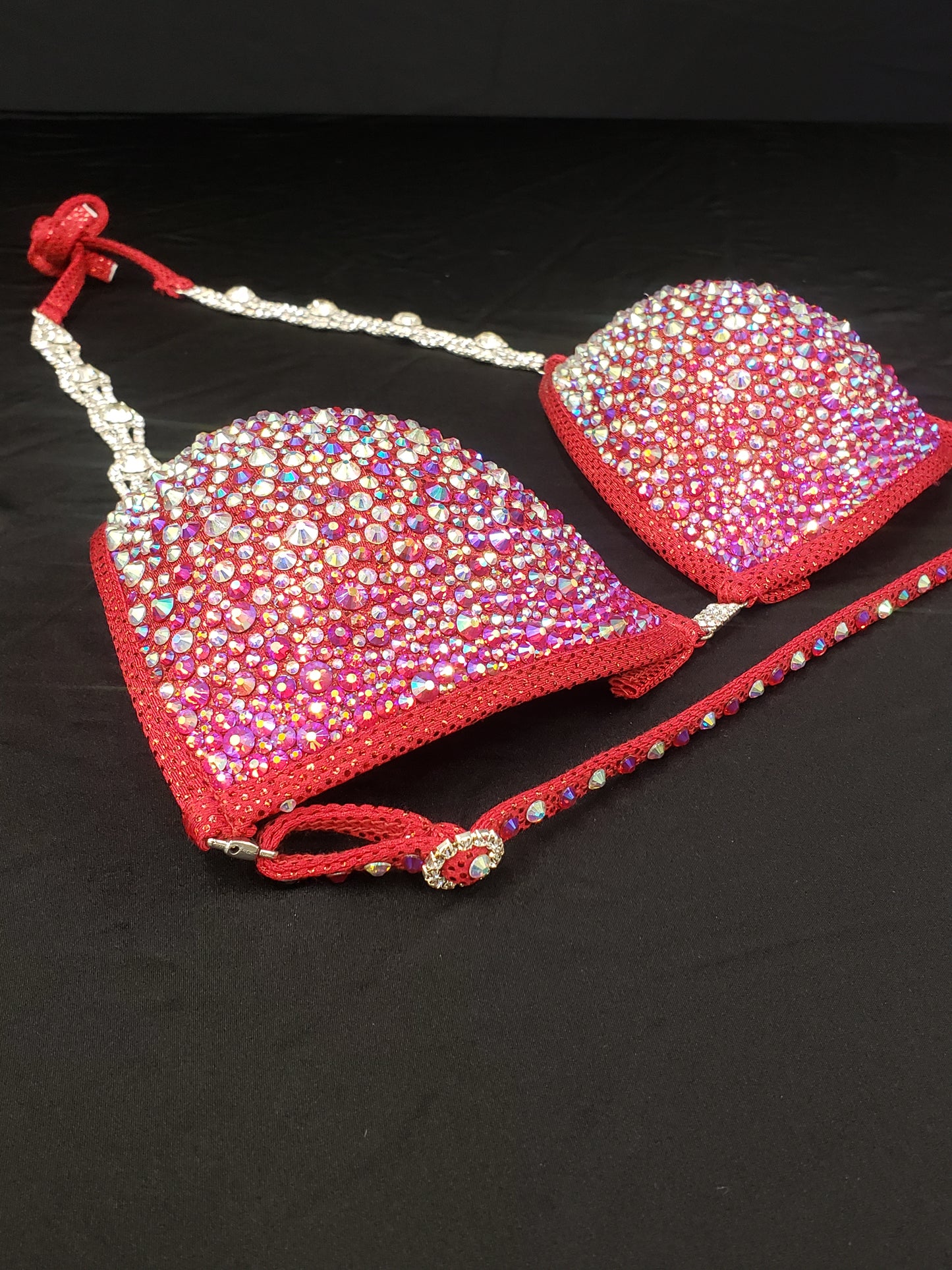 Red bikini with AB rhinestones in a fully encrusted ombre design