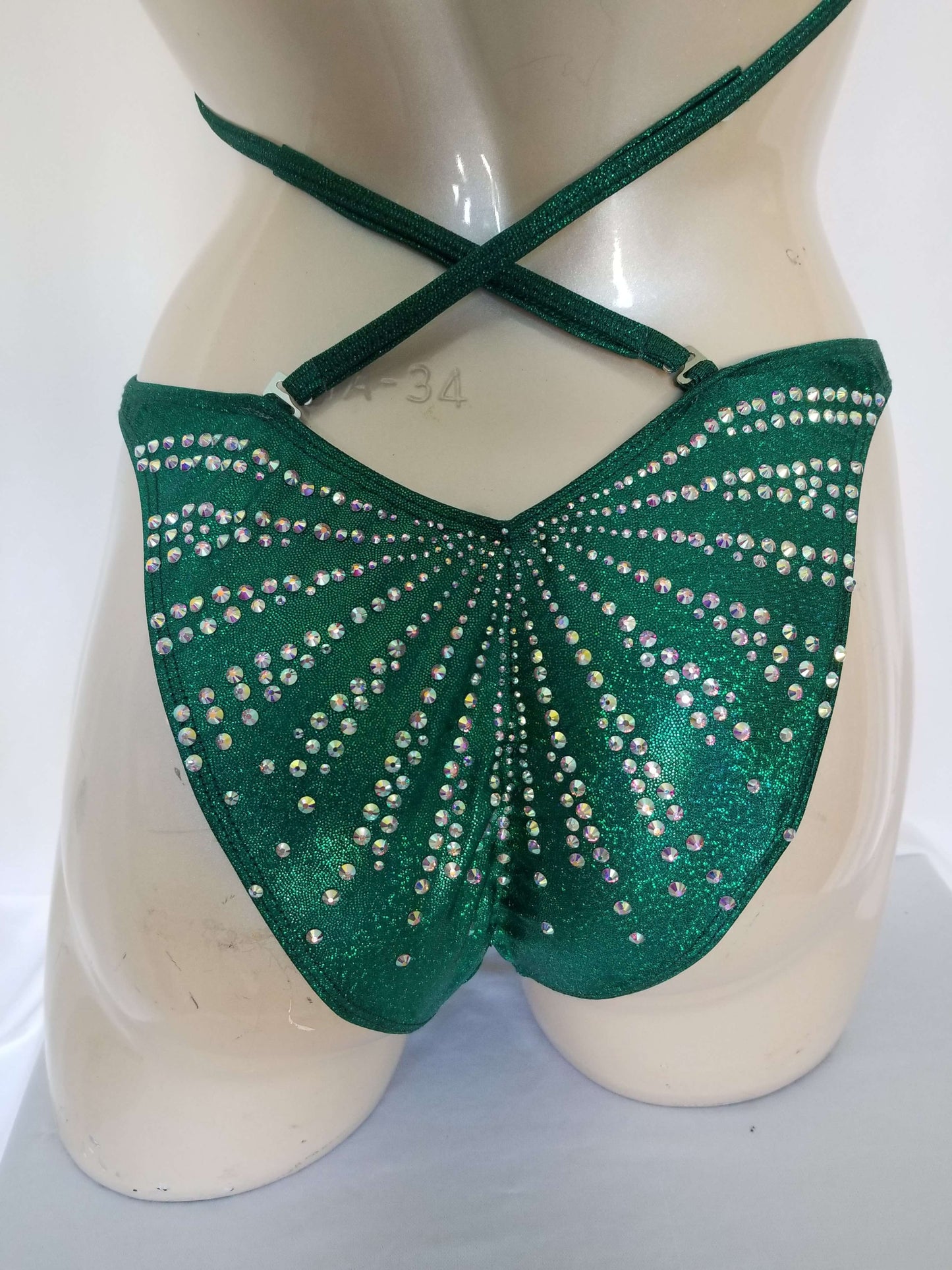 Emerald green figure suit bikini with AB rhinestones in a magic array pattern design
