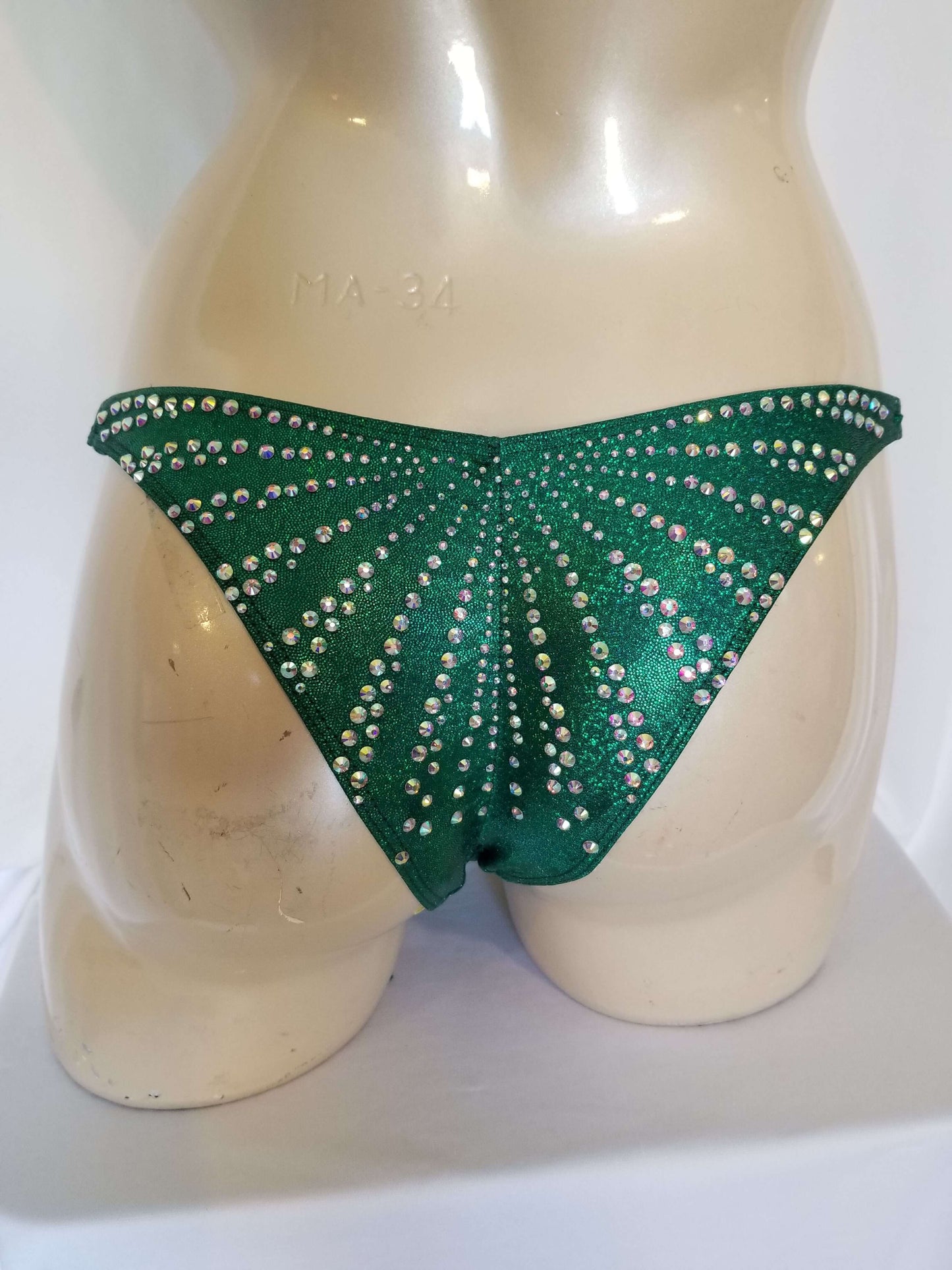 Emerald green figure suit bikini with AB rhinestones in a magic array pattern design
