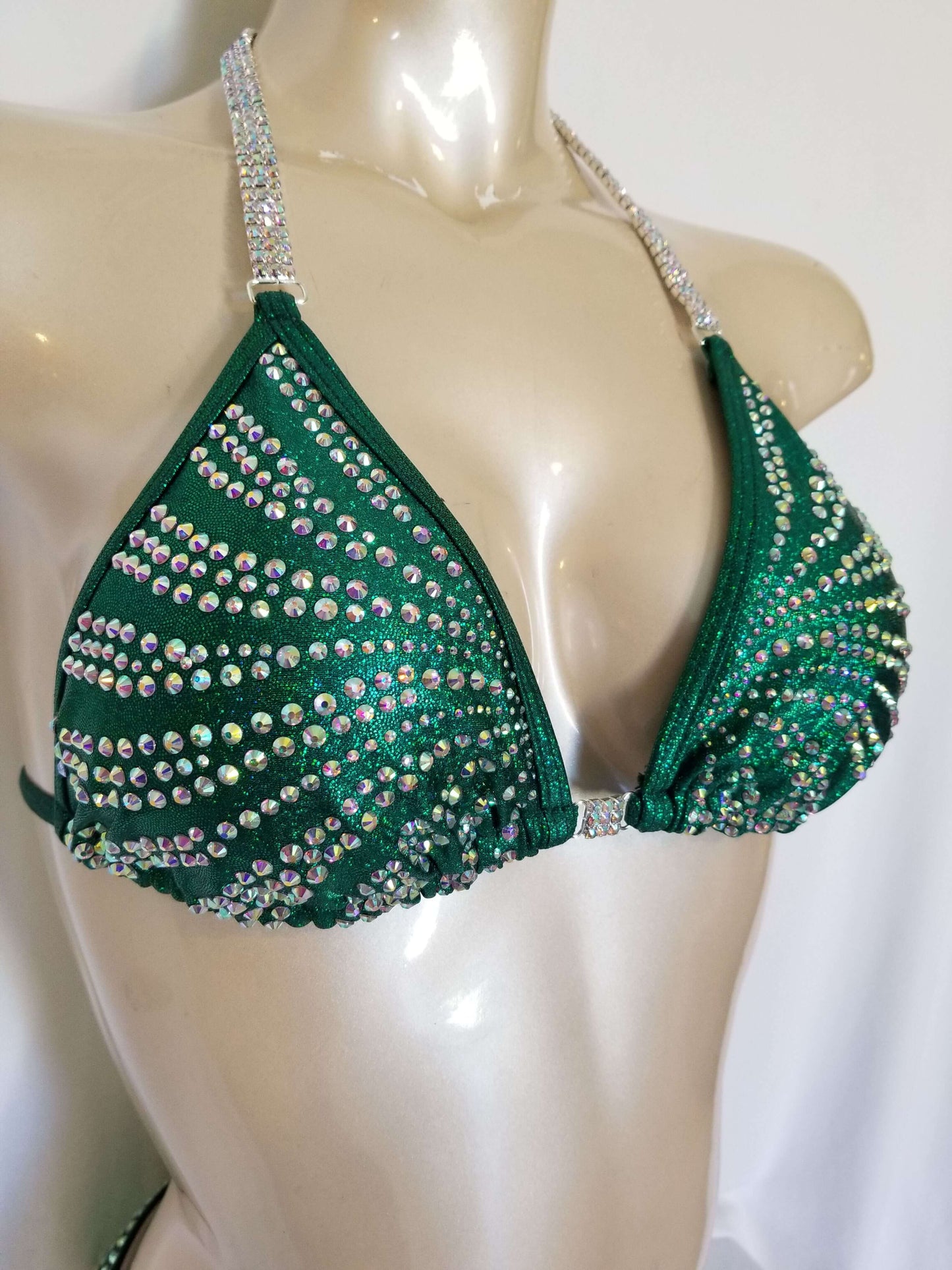 Emerald green figure suit bikini with AB rhinestones in a magic array pattern design