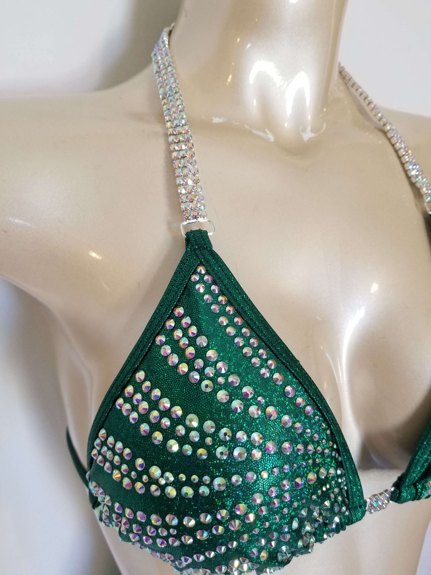 Emerald green figure suit bikini with AB rhinestones in a magic array pattern design