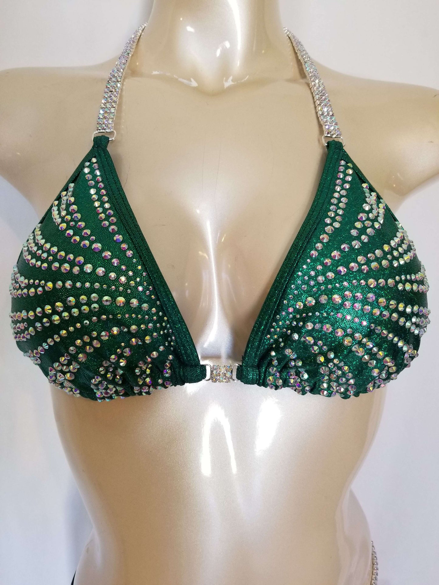 Emerald green figure suit bikini with AB rhinestones in a magic array pattern design
