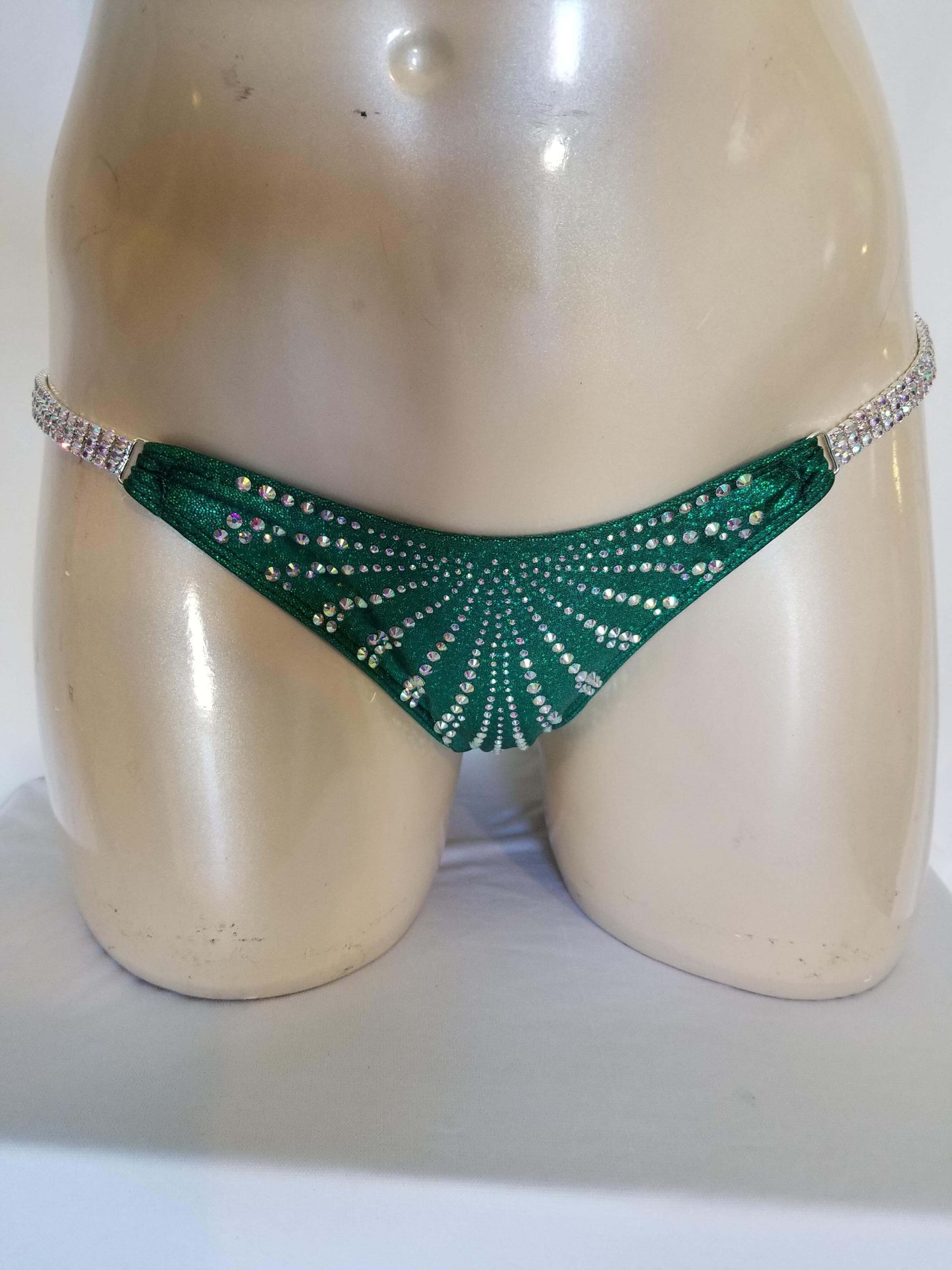 Emerald green figure suit bikini with AB rhinestones in a magic array pattern design