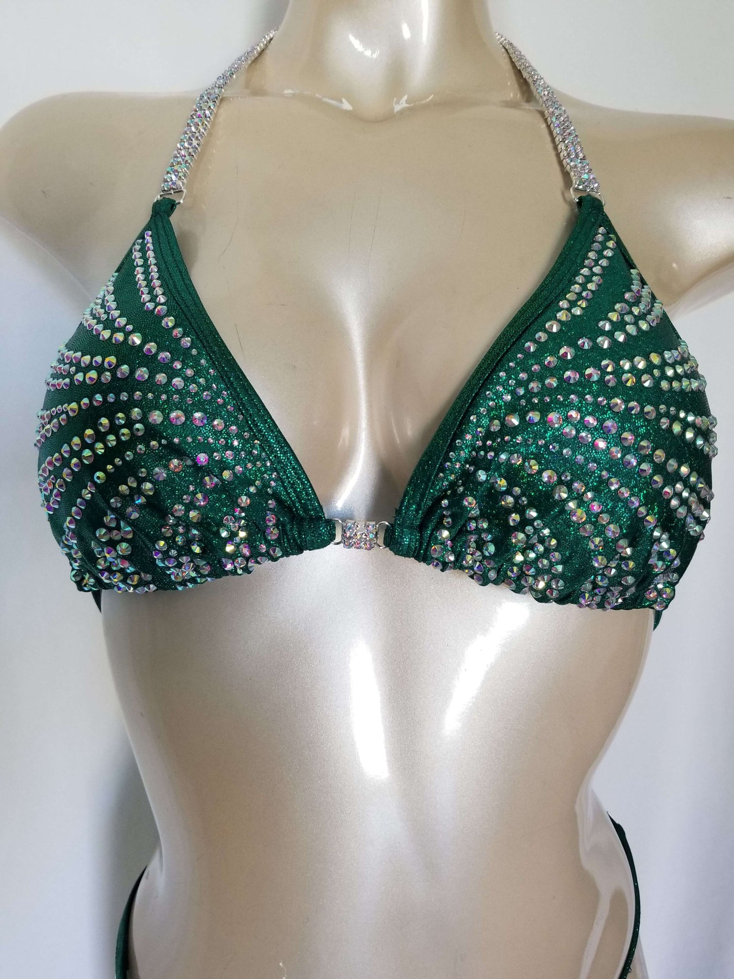 Emerald green figure suit bikini with AB rhinestones in a magic array pattern design