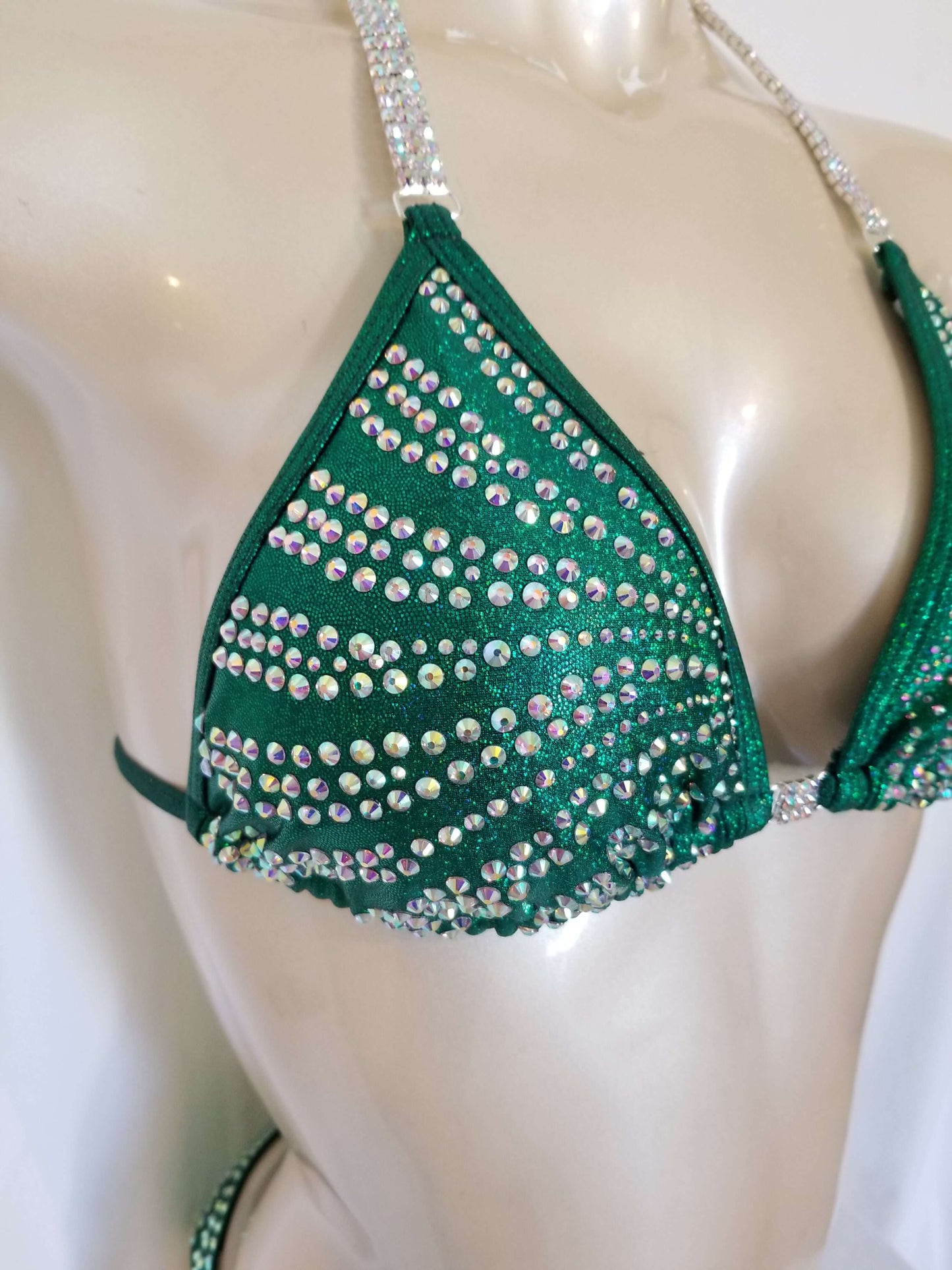 Emerald green figure suit bikini with AB rhinestones in a magic array pattern design