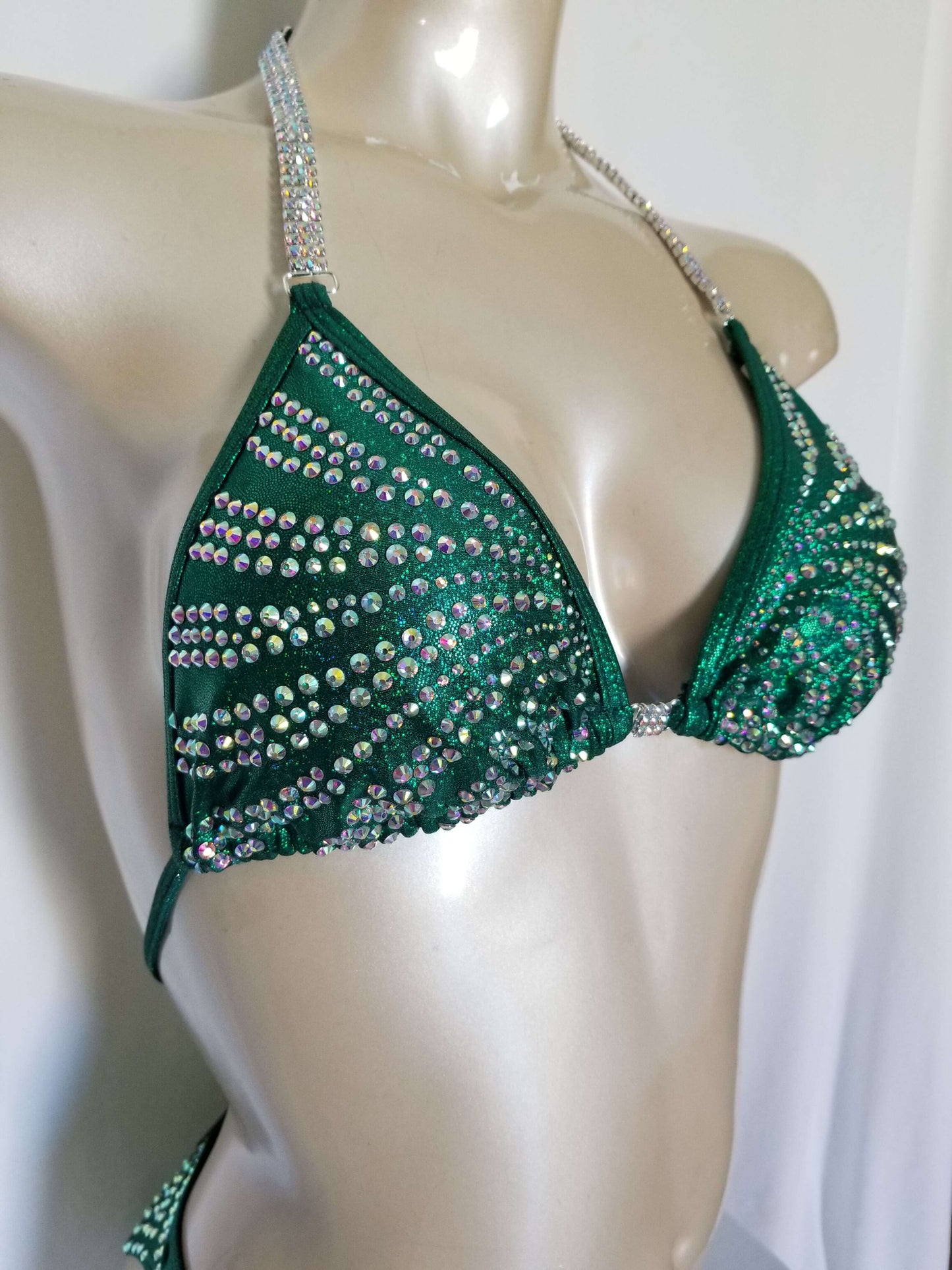 Emerald green figure suit bikini with AB rhinestones in a magic array pattern design